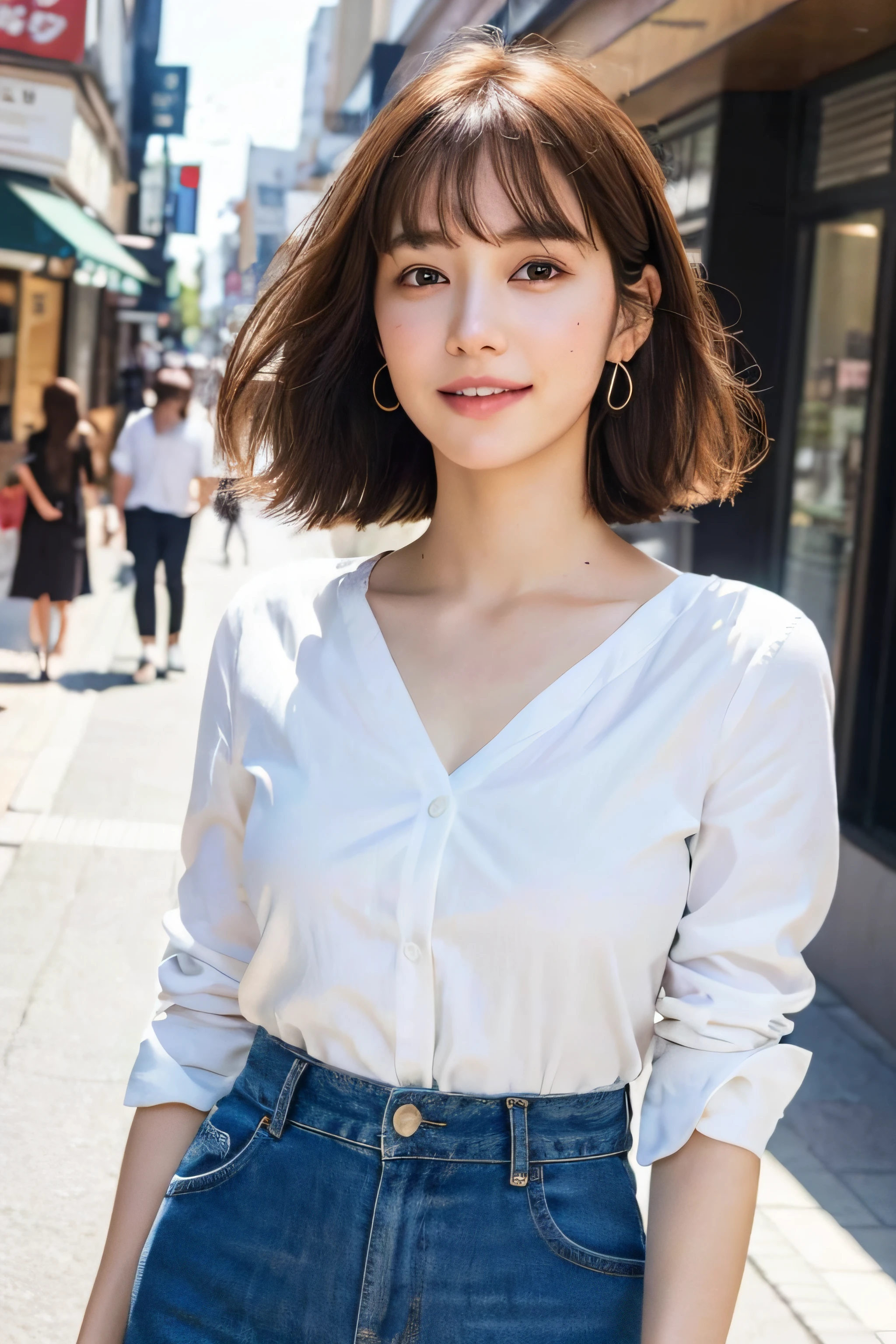 (8k, RAW photos, top quality, masterpiece: 1.2), ultra detailed, super resolution, (real, real photos: 1.37), portraits, high definition RAW color photos, professional photos, very detailed and beautiful, highly detailed, 8k wallpapers, amazing details, huge file size, official art, highly detailed CG Unity 8k wallpapers, highly detailed beautiful girls, highly detailed facesHighly detailed eyes, highly detailed skin, highly detailed fingers, highly detailed nose, highly detailed mouth, perfect anatomy, highly detailed background, highly detailed clothing, one girl, (18:1.2), teen, cute girl, famous Japan idol, cute, realistic body, petite, white skin, radiant skin, slim body, handsome body, brown hair, short curly hair, (blunt bangs: 1.2) , smile, cute, youthful, pretty face, realistic face, delicate eyes, sagging eyes, white shirt, skirt, earrings, camera gaze, cowboy shot, front-facing, standing, contrappost, high street, dynamic lighting,