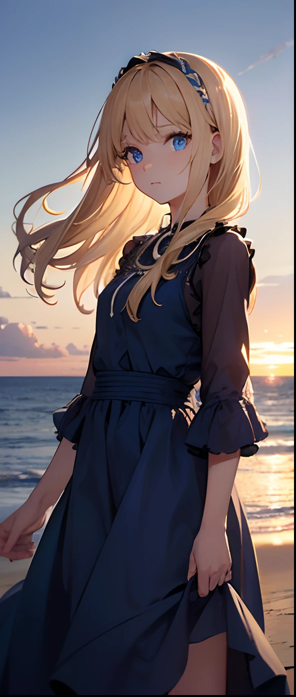 (masterpiece:1.2, best quality), (finely detailed beautiful eyes: 1.2), (detailed background, horizon, sunset, beach), (beautiful detailed face), high contrast, ((cinematic light)), colorful, hyper detail, intricate details, (1 girl, solo, blonde hair, medium length hair, sharp face, age 20), (beautiful glowing blue eyes) eye depth, standing up, looking away, blue dress.
