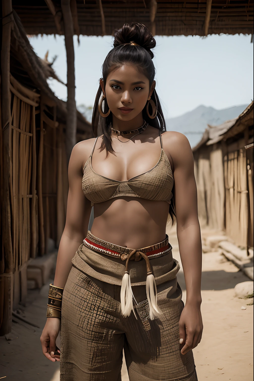 Controls:
((masterpiece)), best quality, Beautifully Detailed, add details, extraordinary details, High Resolution, fanart, commissioned art, professional artist, digital art, photography, (candid photography), human, safe for works art, sfw,

Details:
bronze age civilization,(low angle), fantasy, ((tribe warrior)), warrior, heroine, hunter, huntress, tribe hunter, at tribe village,

Physicals:
((1girl)), alluring face, middle east people, wavy hairs, long hair, volume hair:big,  fit body builds, (buff woman), 20 years old, (white silver hairs), (hair color:white), (heroine), blue eyes, big breast, (dark skin), (exotic girl), (((asian brown skins))), beautiful girl, big eyes,

Attributes:
wearing clothing, wearing simple ancient tribe clothing made of burlap fabric, sleeveless tribe clothing, diy clothing, traditional sewing, wearing tribal style pantaloons made of burlap fabric, fabric sash, traditional tribe clothing