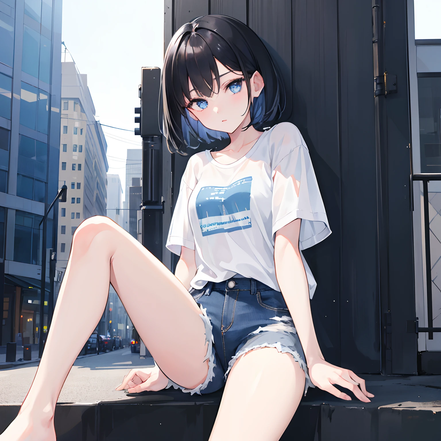 1girl, short black hair, blue eyes, wearing plain white shirt, denim shorts, city, absurdres, high res, ultrasharp, 8K, masterpiece, looking at viewer