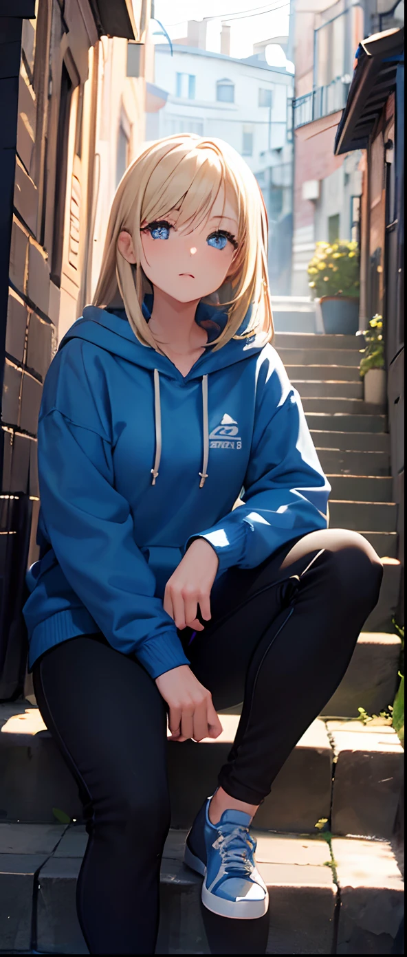 (masterpiece:1.2, best quality), (finely detailed beautiful eyes: 1.2), (detailed background, city alleyway, stone stairs, blue sky), (beautiful detailed face), high contrast, ((cinematic light)), colorful, hyper detail, intricate details, (1 girl, solo, blonde hair, medium length hair, sharp face, age 20), (beautiful glowing blue eyes) eye depth, blue and white hoodie, black pants, sitting down.