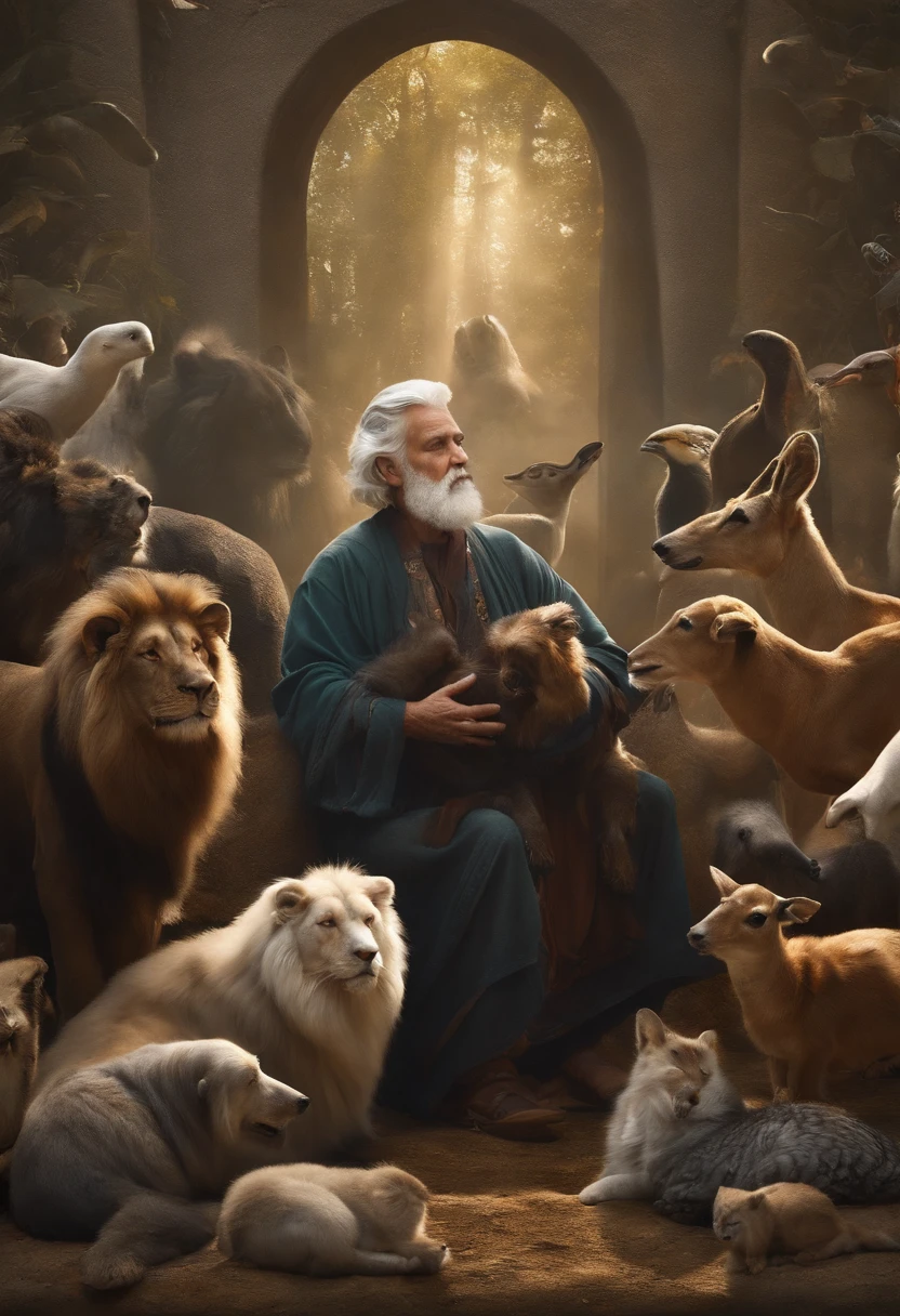 Very religious gray-haired man with various animals around him