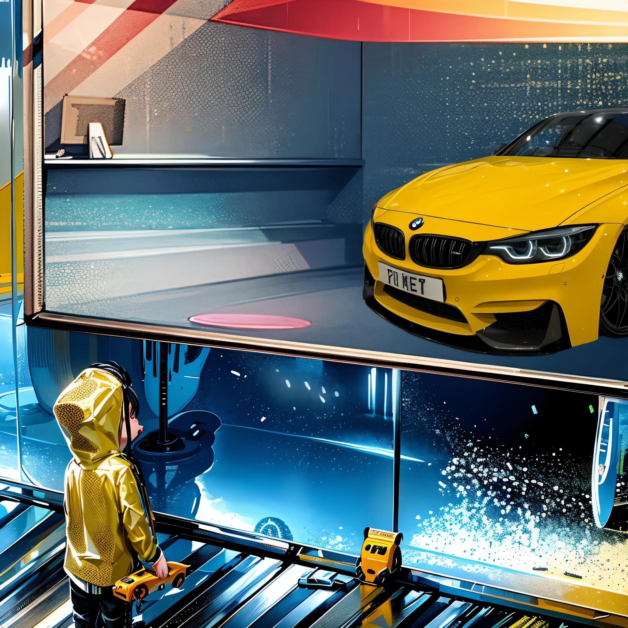 There is a man in a yellow raincoat standing in front of a yellow car, Commercial illustration, bmw, inspired by Liam Wong, wojtek fus, automotive design art, kilian eng vibrant colours, Detailed painting 4 K, high quality digital painting, vehicle illustration, inspired by Mike Winkelmann, akira and bumblebee, high detail digital painting, production art