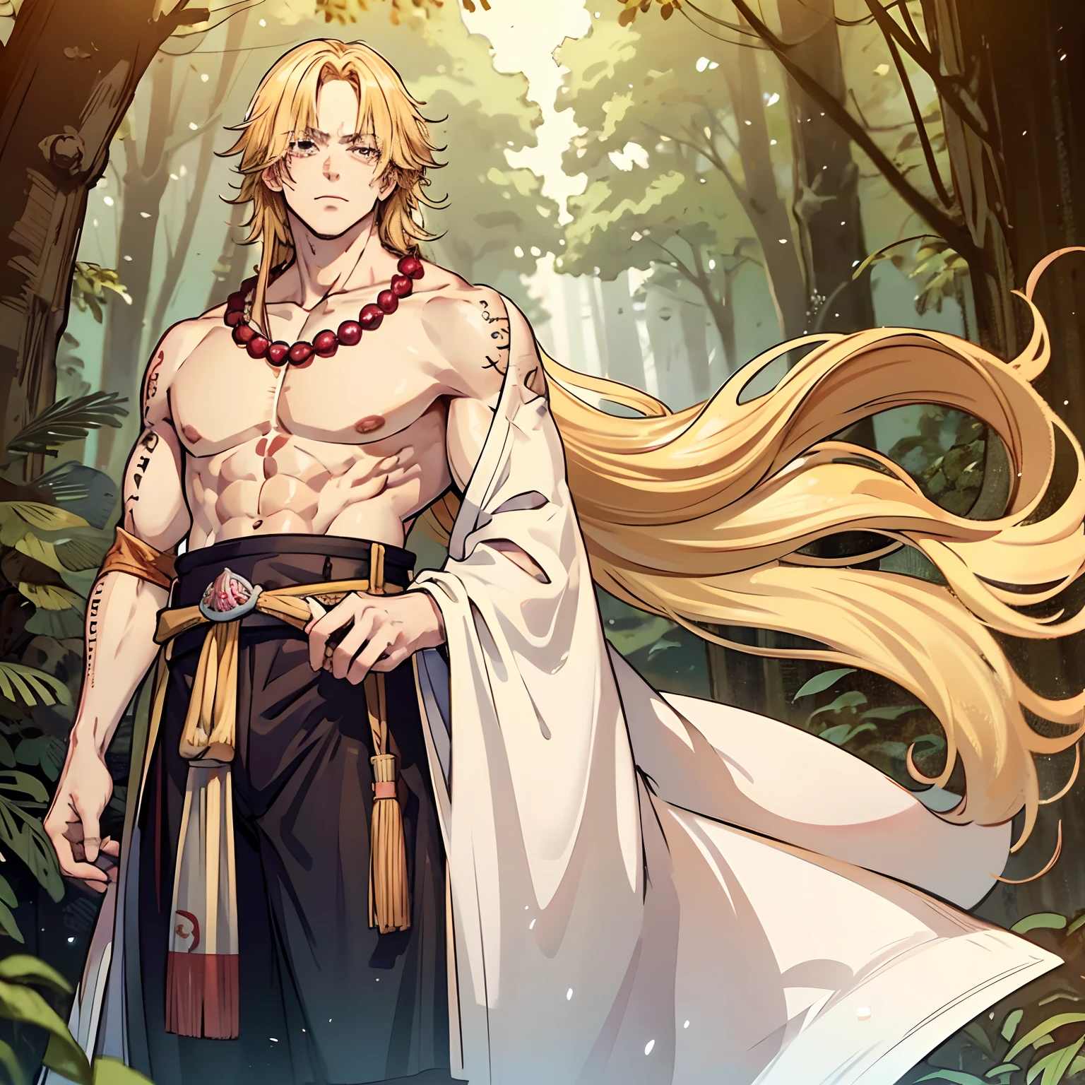 Tall strong man, tight muscles, muscular male, covered in scars, messy blonde hair, very pale white skin, radiating a beautiful golden glow, Fushigoro Toji, Toji Fushigoro, standing in a forest, shirtless, wearing a bead necklace, Ace, Portgas Ace, Portgas D. Ace, lean athletic build, strong, blonde hair, golden blonde hair, beautiful man, lean, Suguru Geto, Japanese attire, Japanese clothing, slim physique, muscular lean, athletic, blonde hair