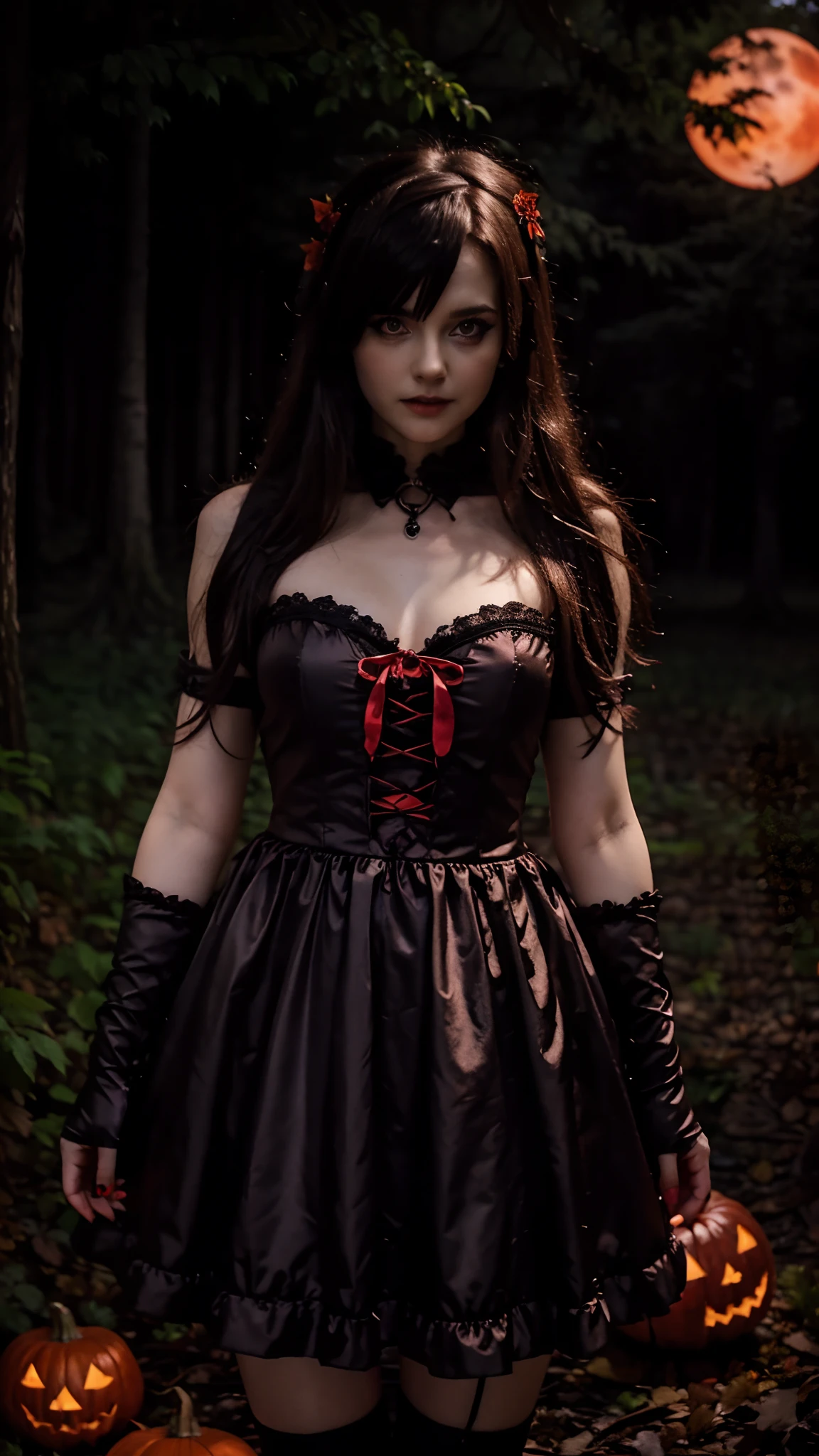 Dark Forest, 
the night, 
Halloween, 
pumpkin, 
Vampire Girl, 
Gothic dress, 
Red Moon