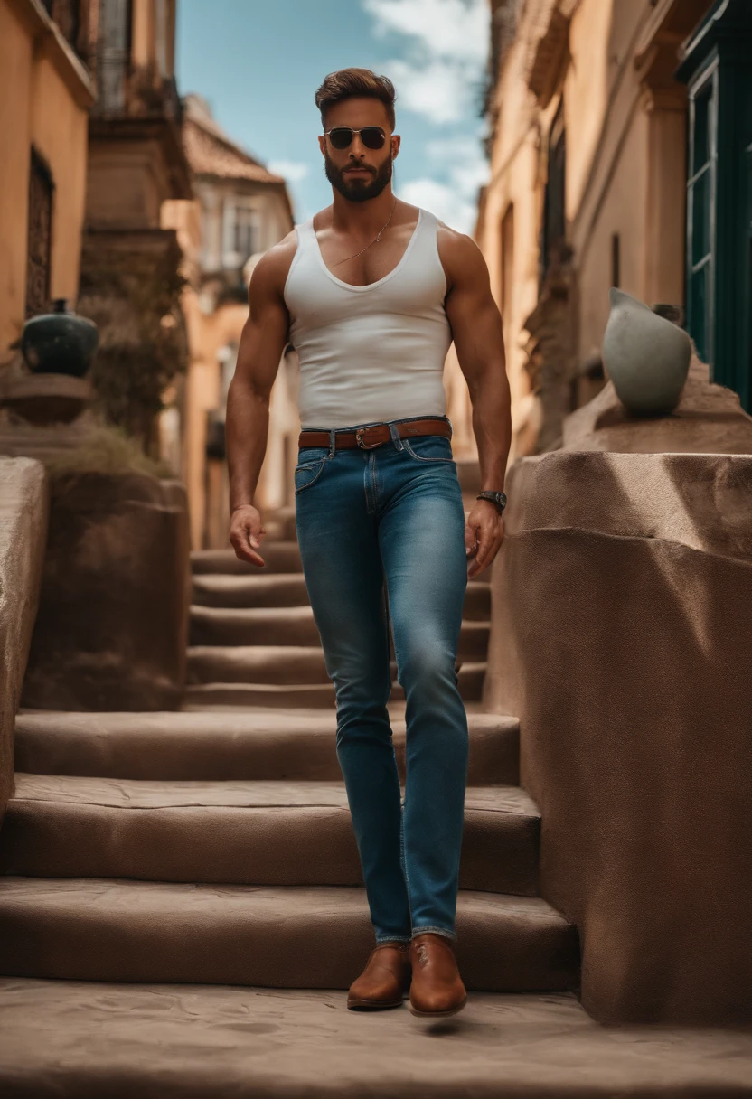 Homem Branco sem camisa, wearing jeans, with bulky and defined muscles, ao fundo uma academia.