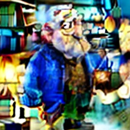A wise old man standing in front, illuminated by the light of a lamp, against the backdrop of a library