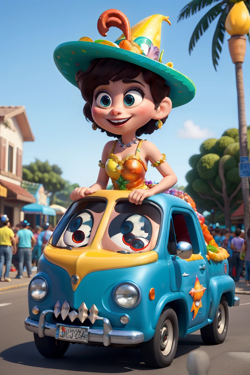 desfile de carros descorativos de festa carnaval,  Float with many coereographies. estilo disney pixar, alta qualidade