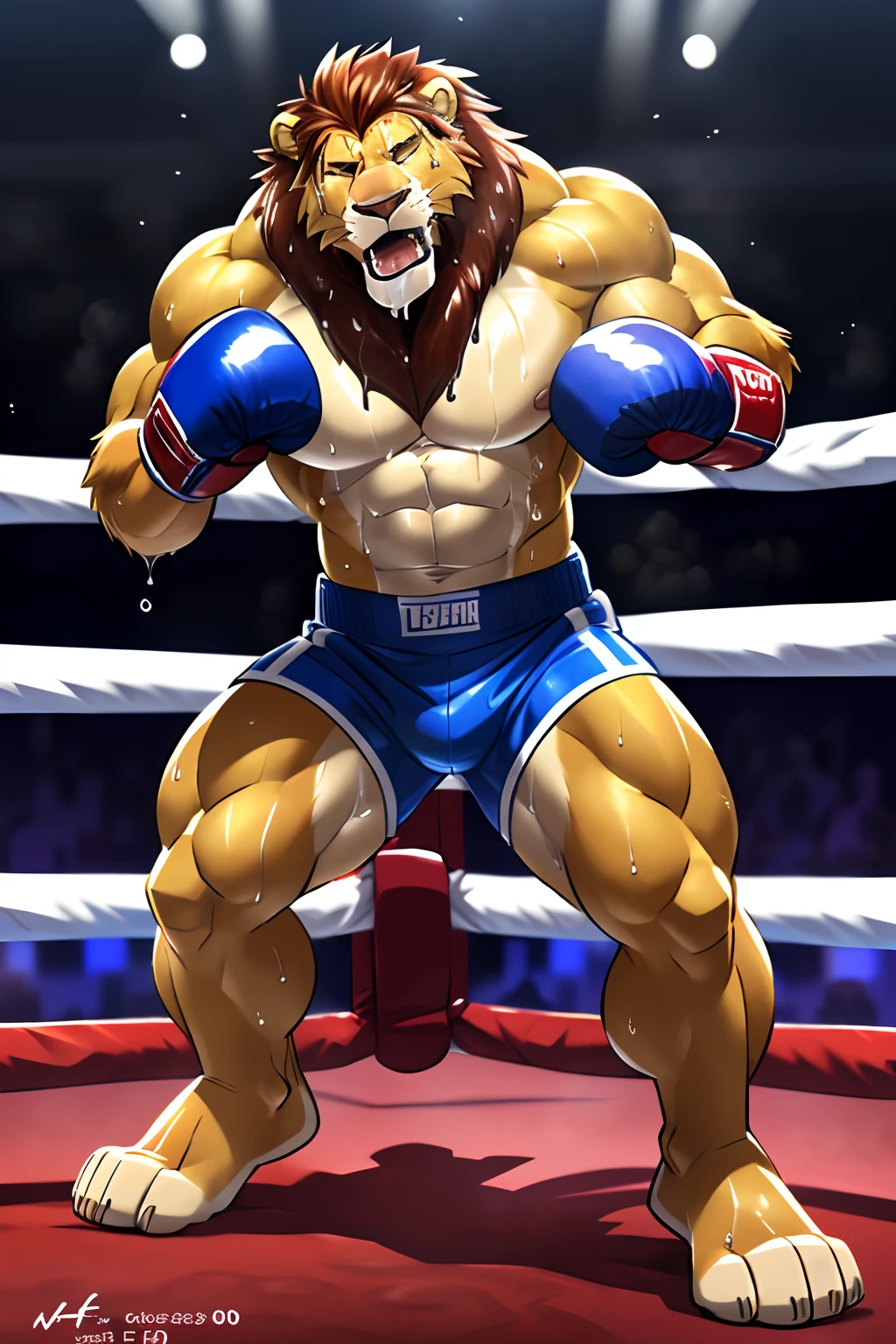 ((solo)), (anthro) lion, adult, mature, masculine, slim:1.2, skinny:1.2, tall:1, (correct anatomy:1.2), vascular veins, (cartoon fur, detailed fur texture:1.3), topless, (shirtless, boxing gloves, compression shorts), ultradetailed, (by wfa:1.2), (by takemoto_arashi, by vorusuarts, by Traver009:1, by grimfaust:1), natural lighting ((boxing ring):1.4 background), (sweat:1.4, wet:1.6), (lots of sweat flowing down) exhausted, lion:1 head ((open eyes, detailed):1.2), open mouth (steaming breath:1.2, drooling, dripping saliva, thick drool) tongue sticking out, (serious:1.4) expression), grumpy, sad, lying down, collapsed, defeat, in pain