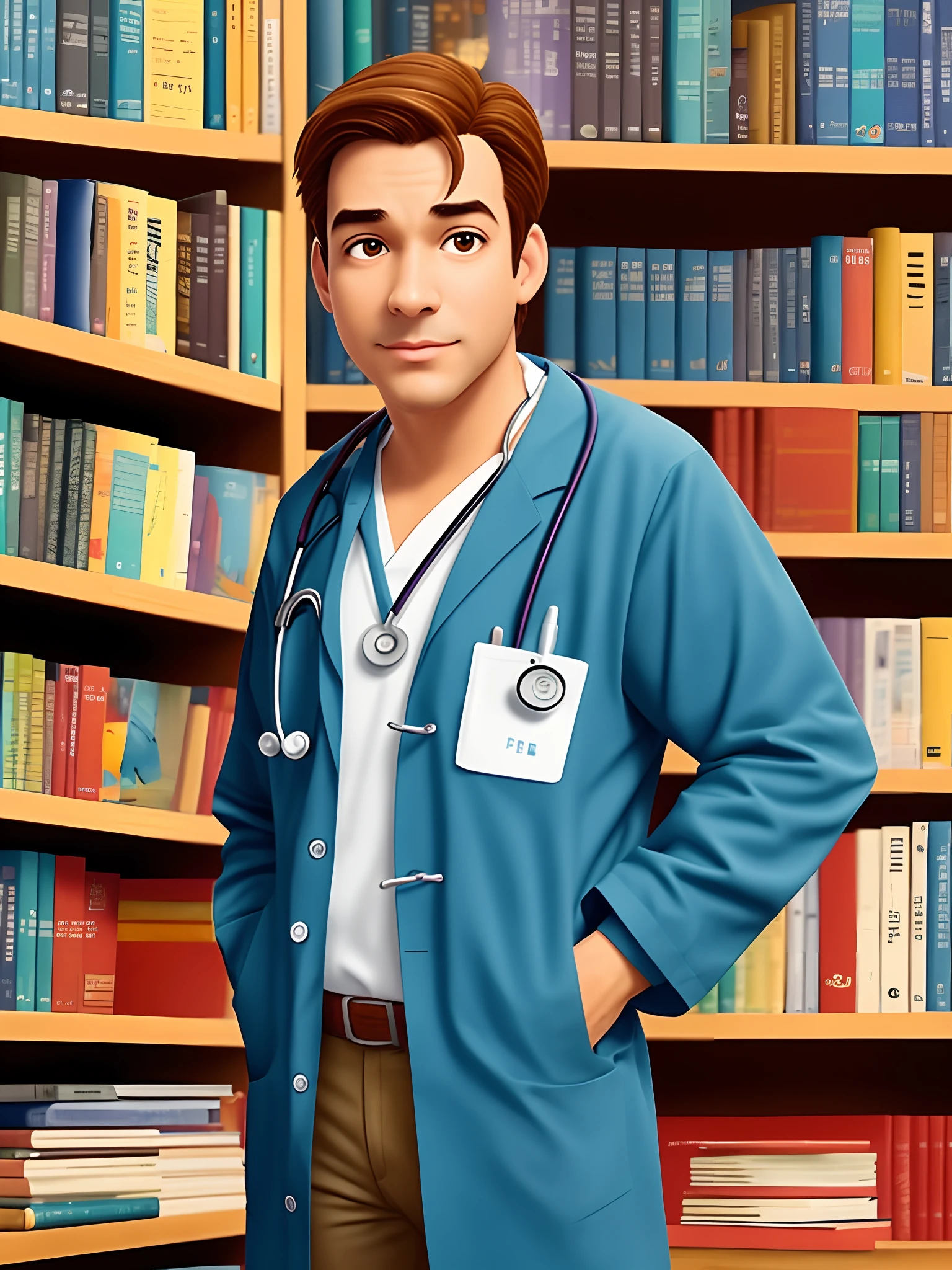 No estilo Disney pixar, Doctor with shaved hair, pouca barba e olhos castanhos em um fundo de biblioteca