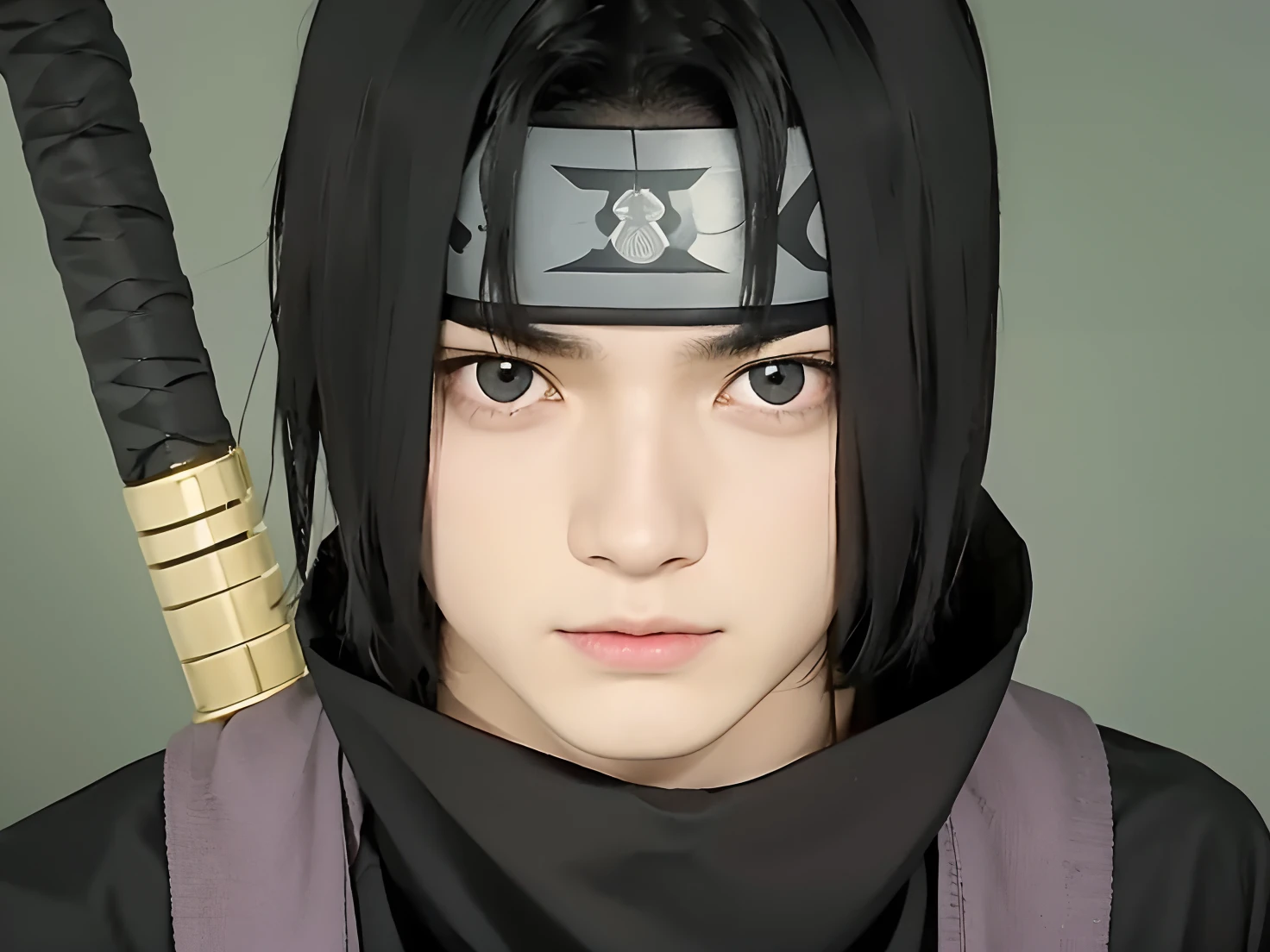 A boy with realistic black hair, realistic headband, realistic handsome face, realistic cool expression, adapt the exact same clothes, realistic katana, realistic light, Realistic shadows, realistic backgrounds
