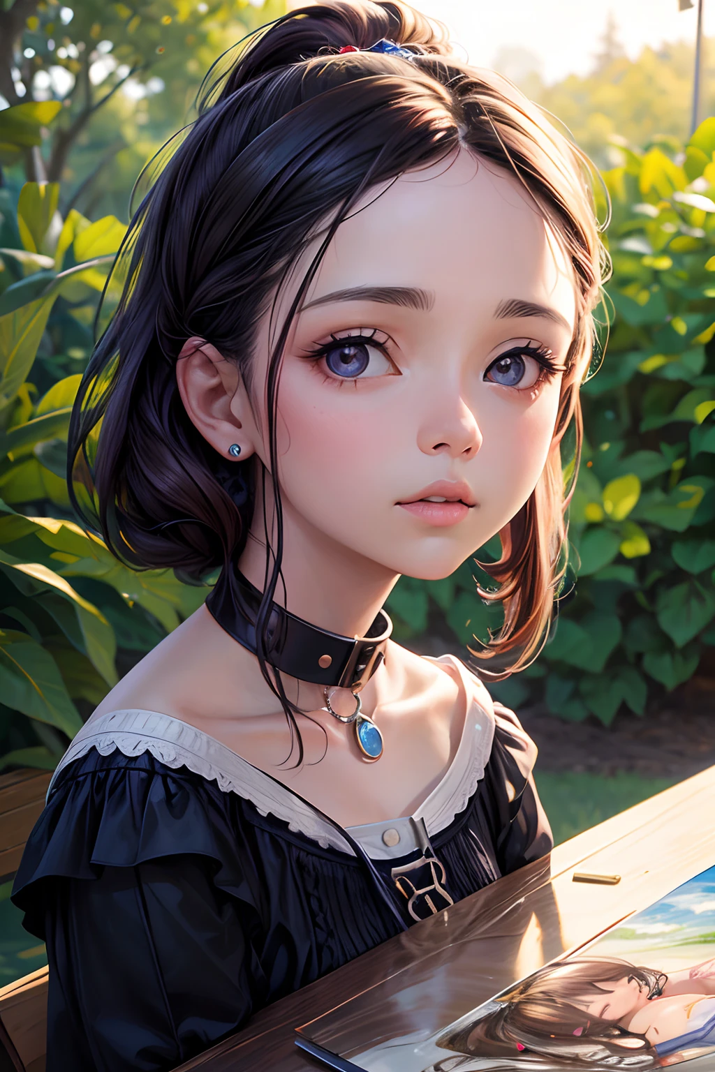 Un primer plano de una mujer con un collar en el cuello, Pintura digital hiperrealista, Pintura digital ultra realista, Arte digital ultrarrealista, Arte digital ultrarrealista, Pintura digital hiperrealista, Arte digital hiperrealista, Hyper-realistic digging...