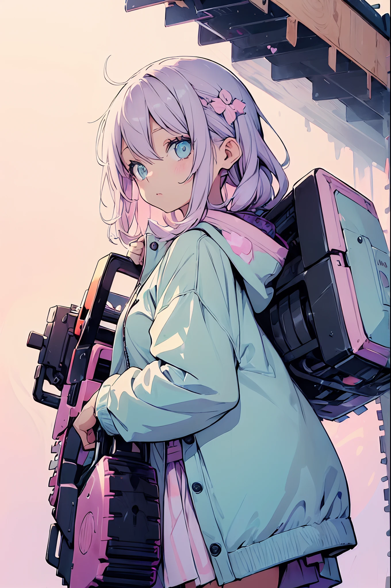 (cute illustration:1.5),(pastel color:1.5),(cute,kawaii,sweet:1.2),(watercolor:1.1),
1girl,solo,
oversized hooded jacket,
full body,open stance,
BREAK
(chainsaw:1.2)
(extremely huge chainsaw in hands:1.6),
(huge cute weapon , huge kawaii weapons:1.2),

BREAK
simple background,
bold outline,flat color,fine outline,pink outline,
nice hands, perfect hands,