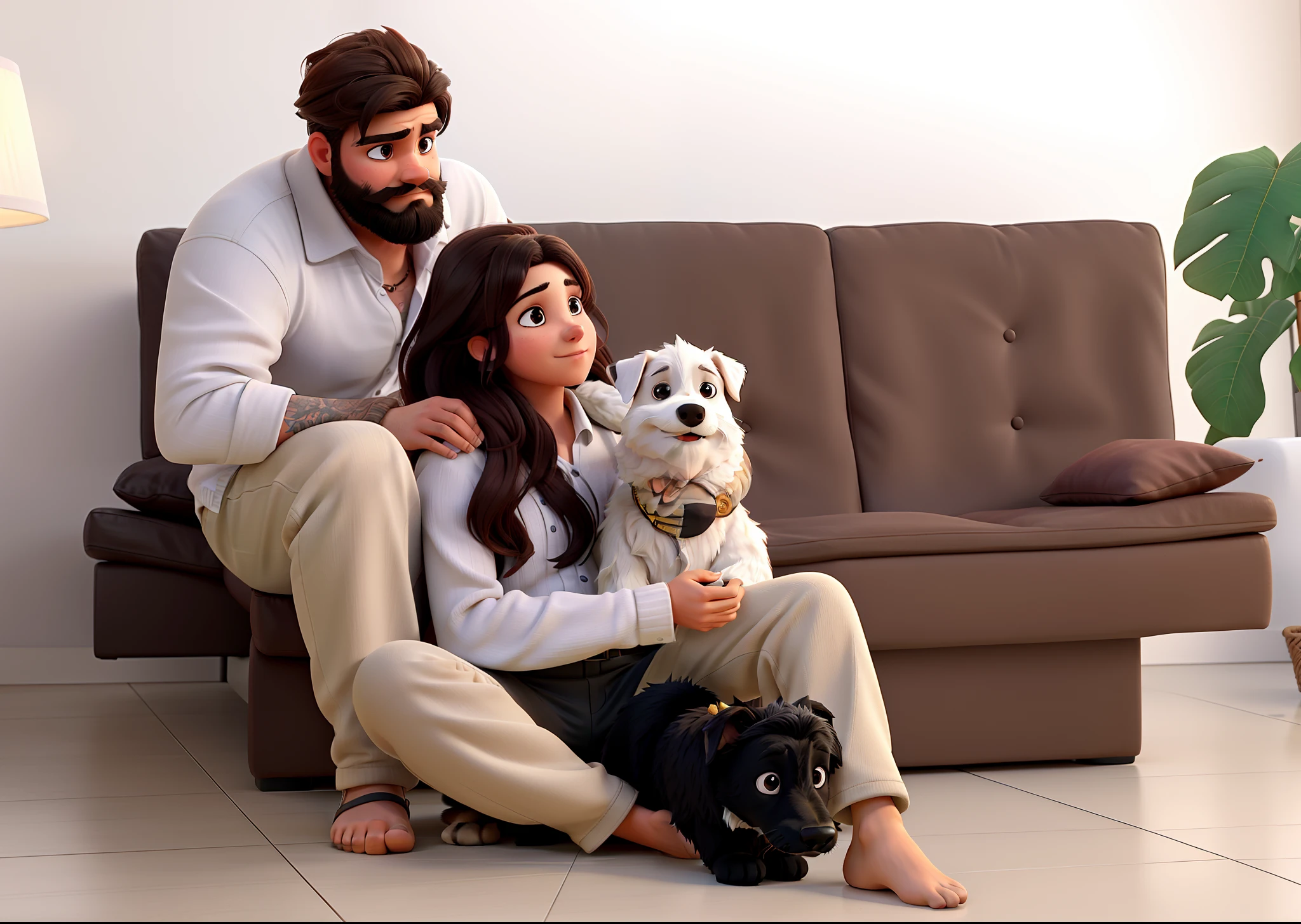 A man sitting on the sofa with a beard along with a woman sitting on the floor holding a white dog and another black dog on her legs, alta qualidade, maxima qualidade