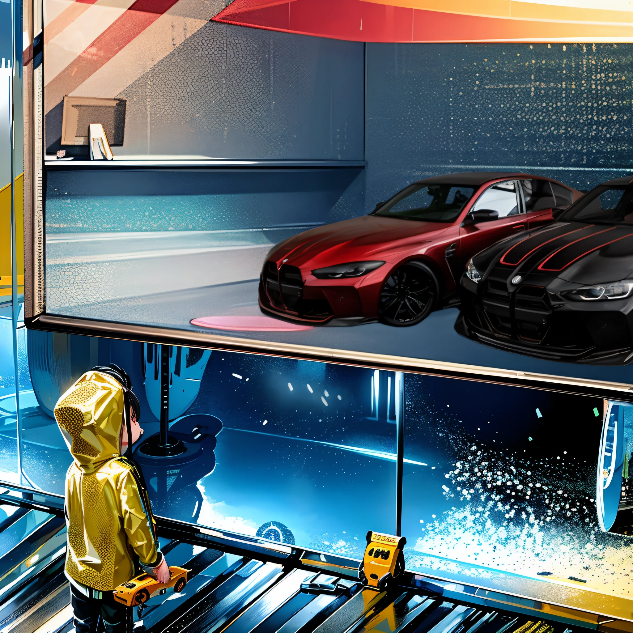 There is a man in a yellow raincoat standing in front of a car display, automotive design art, anime art vehicle concept art, inspired by Liam Wong, mirrors edge art style, GTA loading screen art, Commercial illustration, kilian eng vibrant colours, production art, concept art digital illustration, car concept art, cyberpunk garage on jupiter