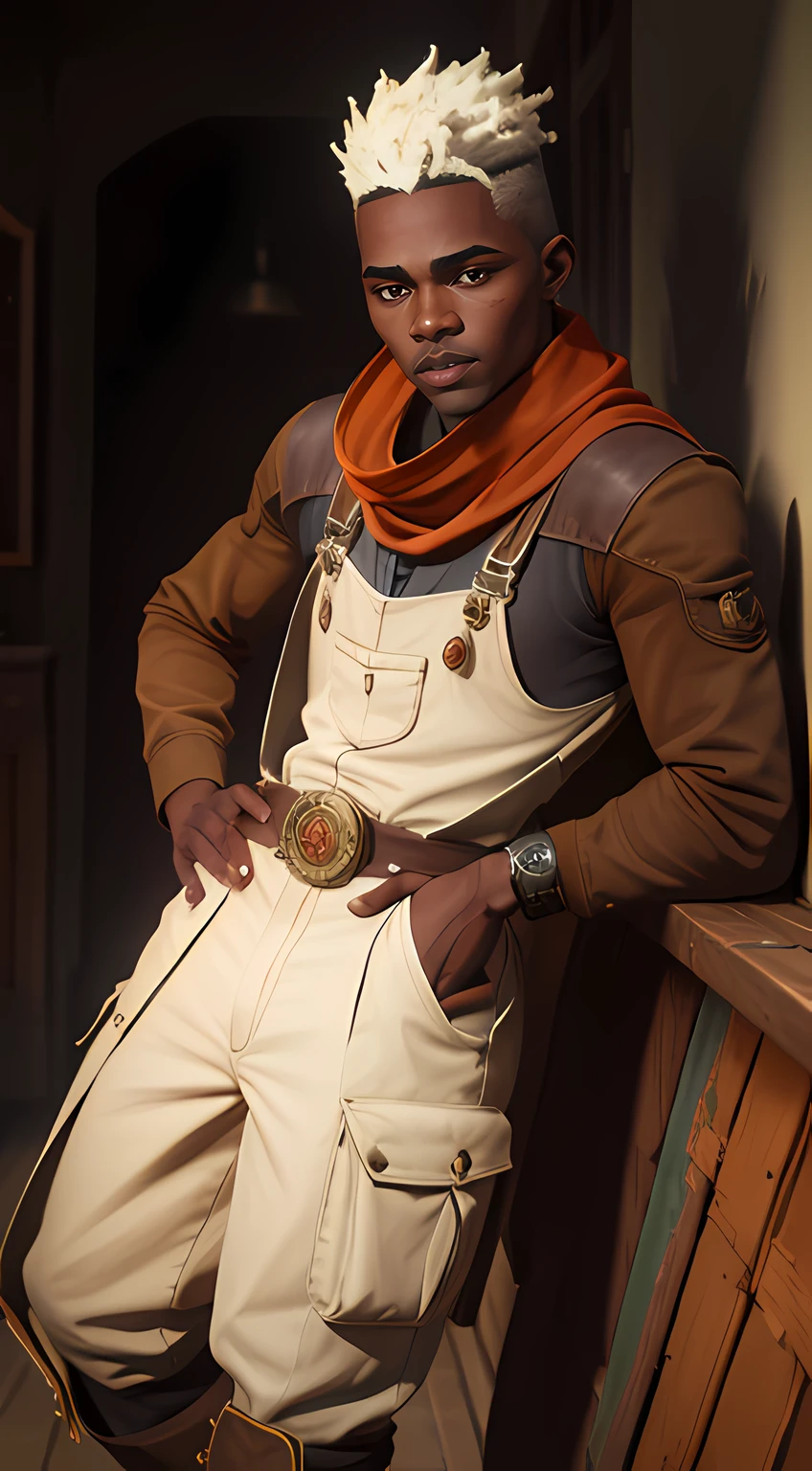 Ekko Arcano, Arcane ekko many details, young face, , 1st year, alonerk-skinned man, dark skin, ((brown eyes: 1.5)), white mohawk hair, letterbox, dreadlocks, short fur , bangs, jacket, tooth, gray hair, parted lips, , ((masterpiece)) , 8k , HDR , High details ,
wears brown gardener overalls and an orange scarf around his neck, long pants, and boots. He also wears a pocket watch with a zodiac symbol inside. This clock is actually his time travel device, the Z-Drive, holding antique picture frame clock,
War marks of white paint on his face, leaning against a wall next to a large beautiful tree , background large beautiful tree night steampunk ,
laughing when you hear a good story , face happy , eyes expression happy for viewer .