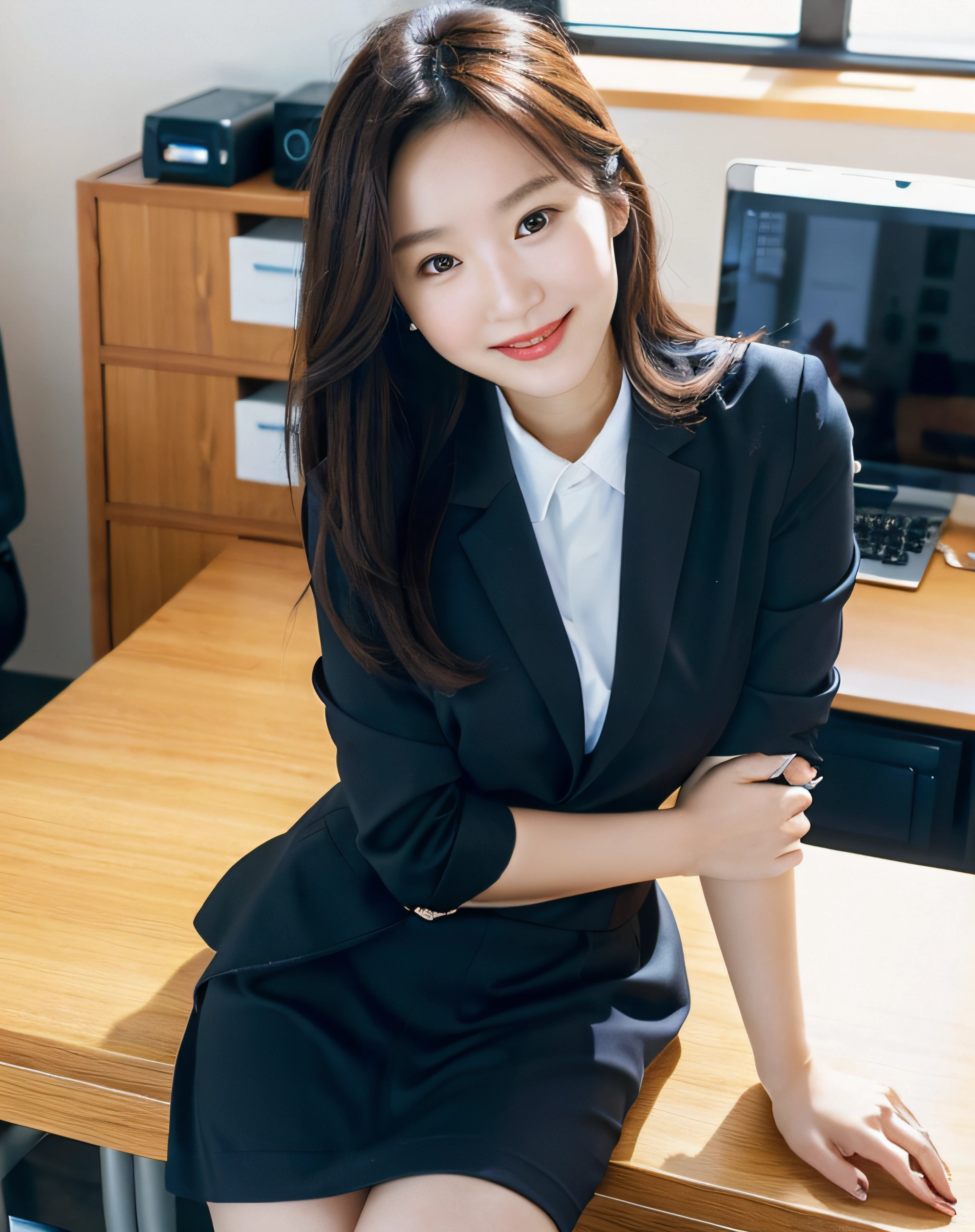 Close-up of one woman, 35mm masterpiece, Black suit, Smile, mini-skirt, On the desk in the office