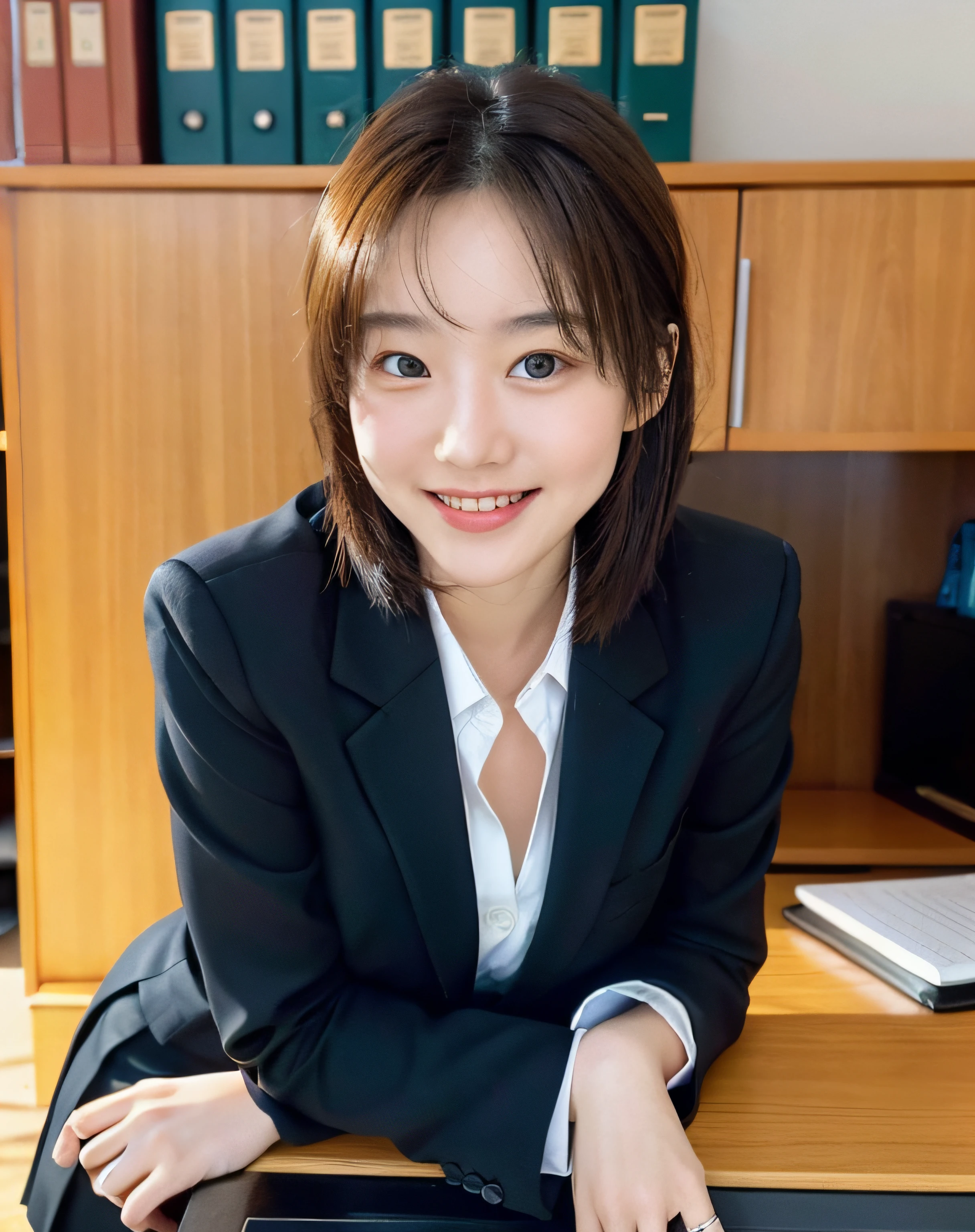 Close-up of a woman, 35mm masterpiece, Black suit, Smile, mini-skirt, On your desk in the office