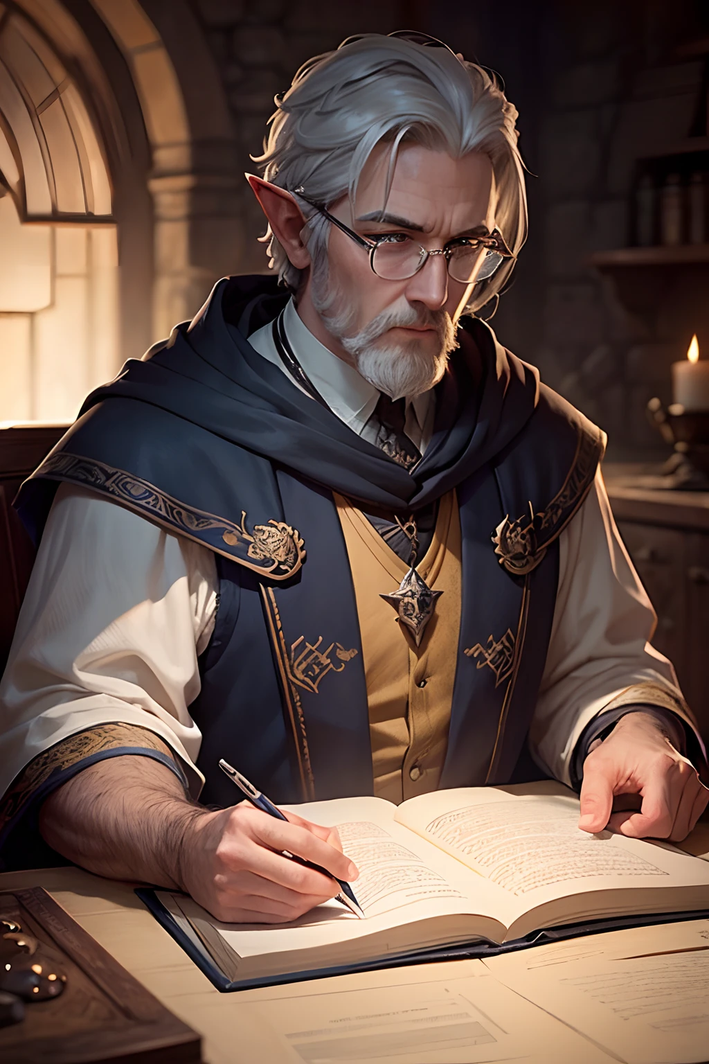 ((masterpiece:1.2, best quality, ultra realistic, no beard, short hair)), a drawing of an old half-elven man with glasses and a very short ashen beard wearing a blue robe with light orange decorations casting ice magic, short cut hair, short cut beard, stern look, an older male half-elf, brown eyes, bushy eyebrows, dark salt and pepper hair, slate hair, looking far, a mage, a wizard, rpg concept art, detailed character, character art, fantasy male, fantasy character, full body dnd character portrait