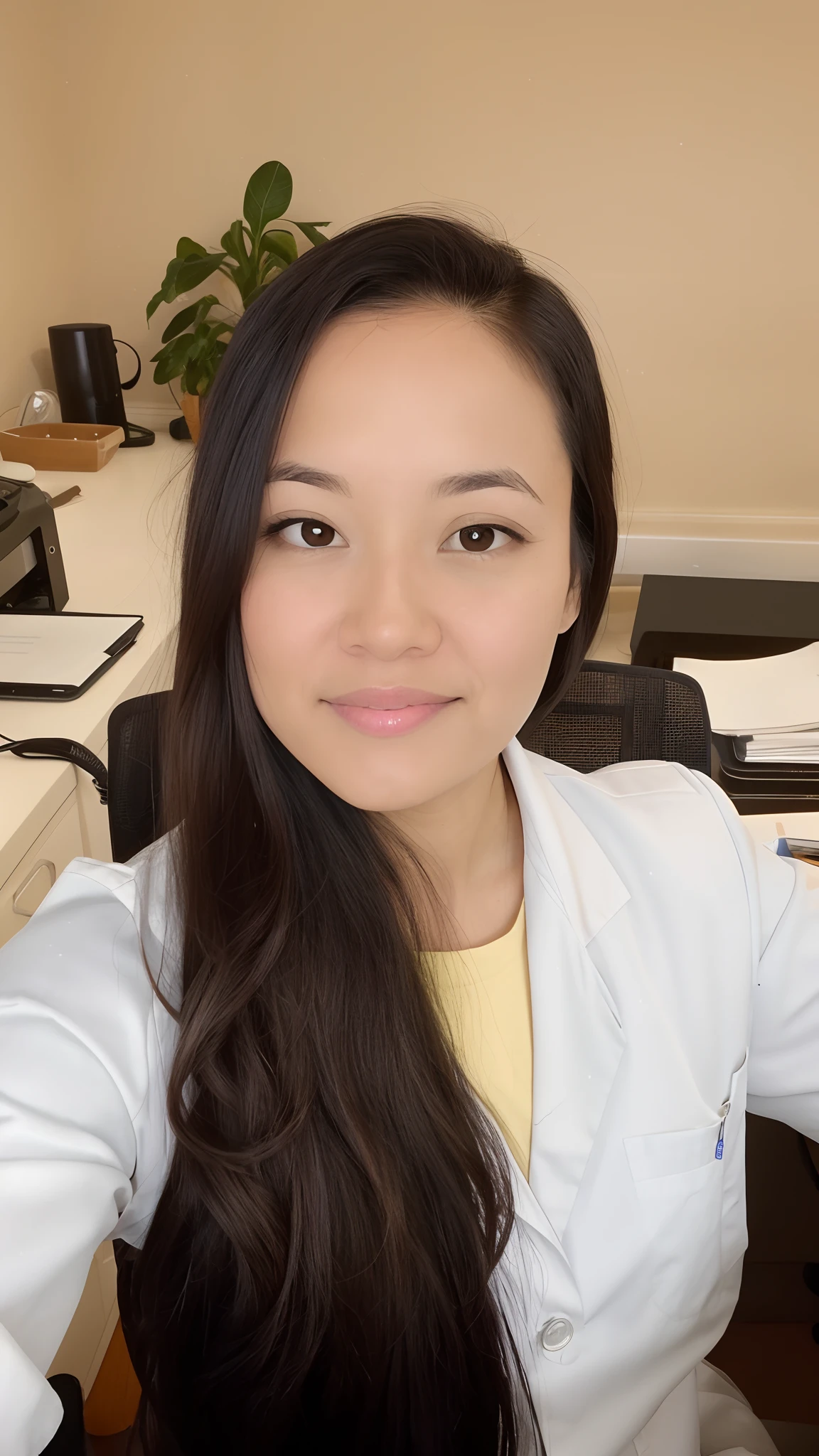 Disney Pixar style woman nutritionist in lab coat working in her oriental office long black hair light brown eyes name Alenyze