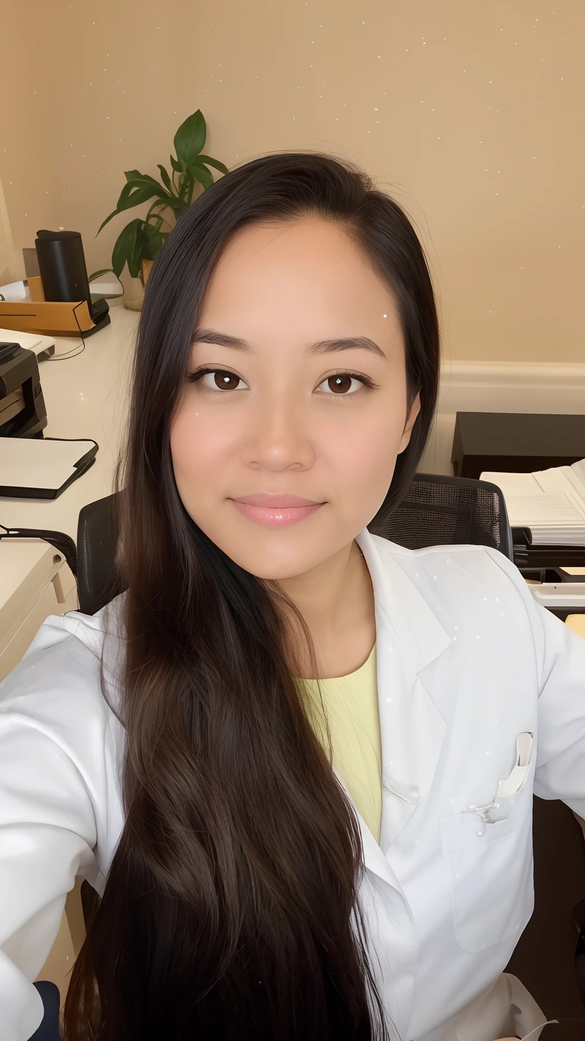 Disney Pixar style woman nutritionist in lab coat working in her oriental office long black hair light brown eyes name Alenyze