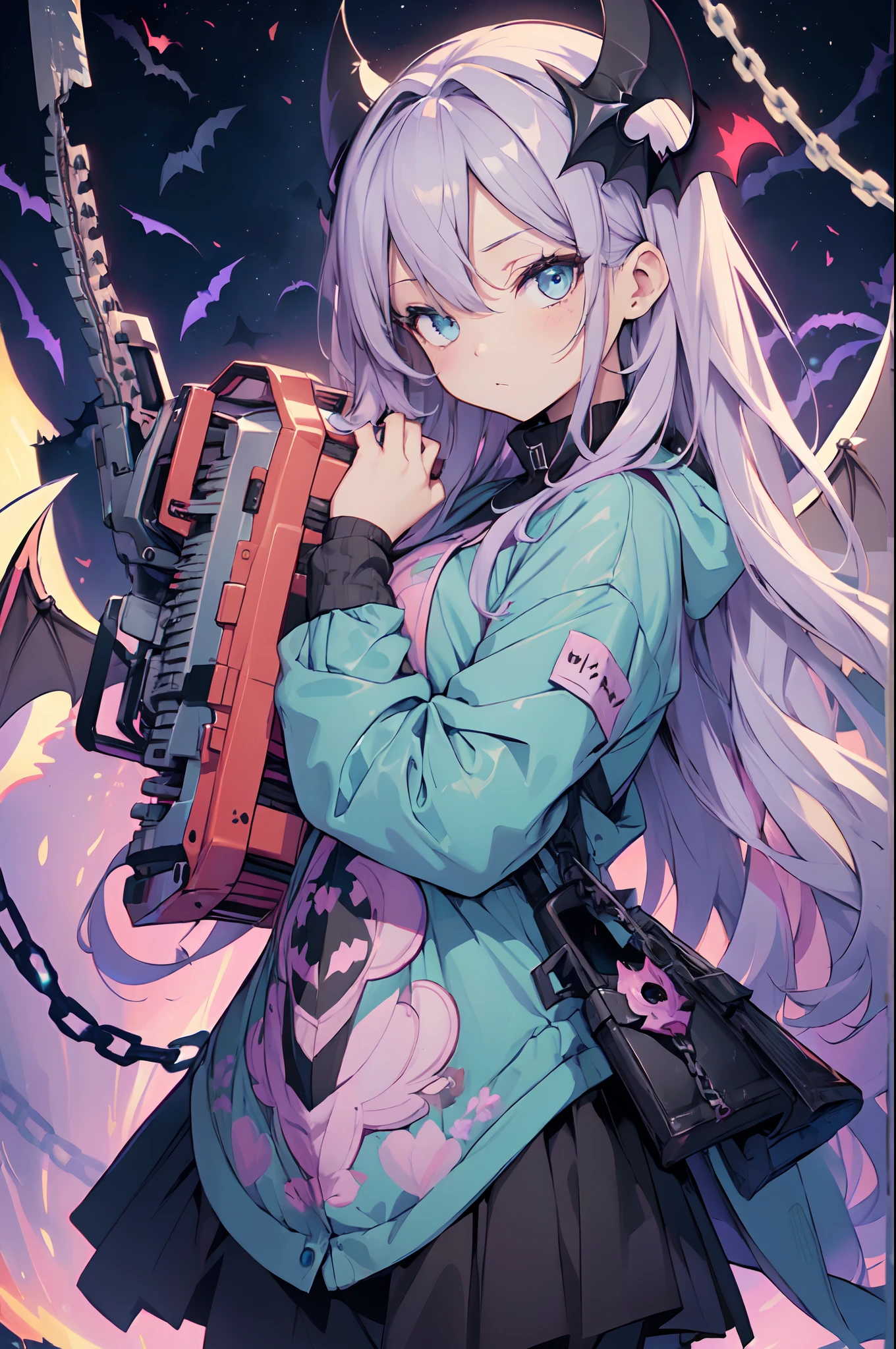 (Cute illustration:1.5),(pastel color:1.5),(Cute,kawaii,Dolce:1.2),(watercolor paiting:1.1),
1girl in,Solo,
oversized hooded jacket,
Full body,open stance,
BREAK
(Chainsaw:1.2)
(In his hands is a huge chainsaw:1.6),
(Huge and cute weapons , Huge and cute weapons:1.2),
break
Simple background,
bold outline,Flat color,fine outline,Pink outline,
nice hand, Perfect hands, top-quality、Top image quality、masterpiece、Best Bust、Bust 90、Blue eyes、open chest wide、Valley、Happiness、A slender、Provocative behavior、Evil face、Handcuffed、High laughter、Skull Tattoo、Targeting your audience、Aura of Darkness,Dark Forces,blue flames、Chain Accessories、Black wings))hiquality、Beautiful Art、Background with((prison、Dark impression、nightcity,Red sky、Many bats、many chains))、masutepiece、Elaborate design、visualart、dark art、(body suit)