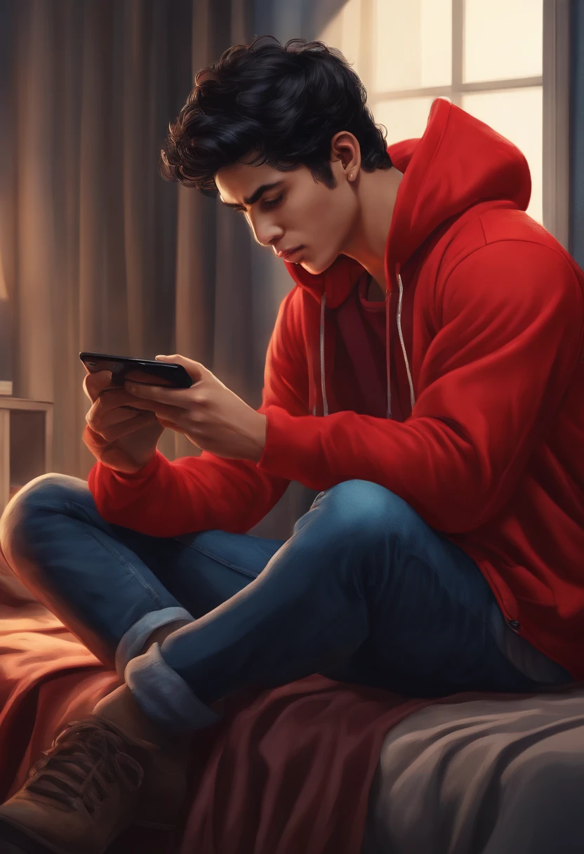 protagonist Timur, 28-year-old, Asiatic, curly black hair, Sitting at home in his room in a red hoodie and blue jeans and looking at a smartphone in his hands.