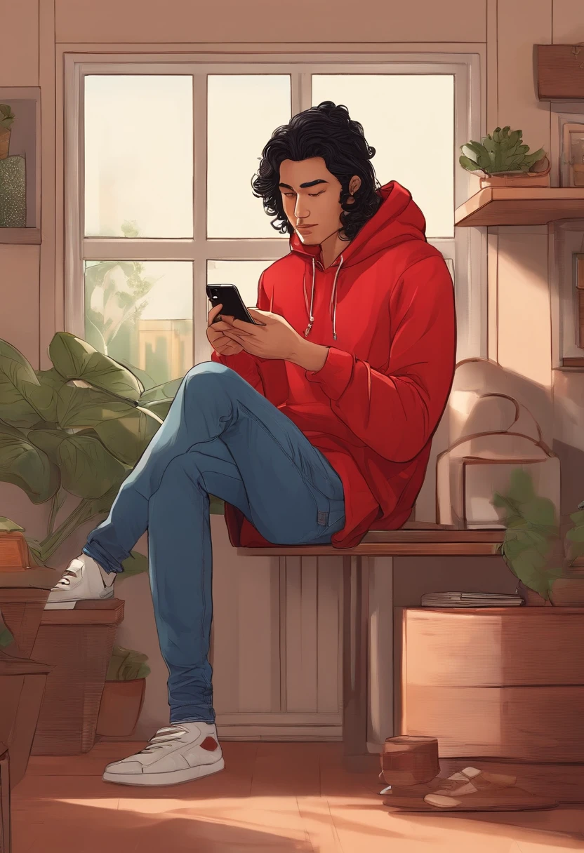 protagonist Timur, 28-year-old, Asiatic, curly black hair, Sitting at home in his room in a red hoodie and blue jeans and looking at a smartphone in his hands.