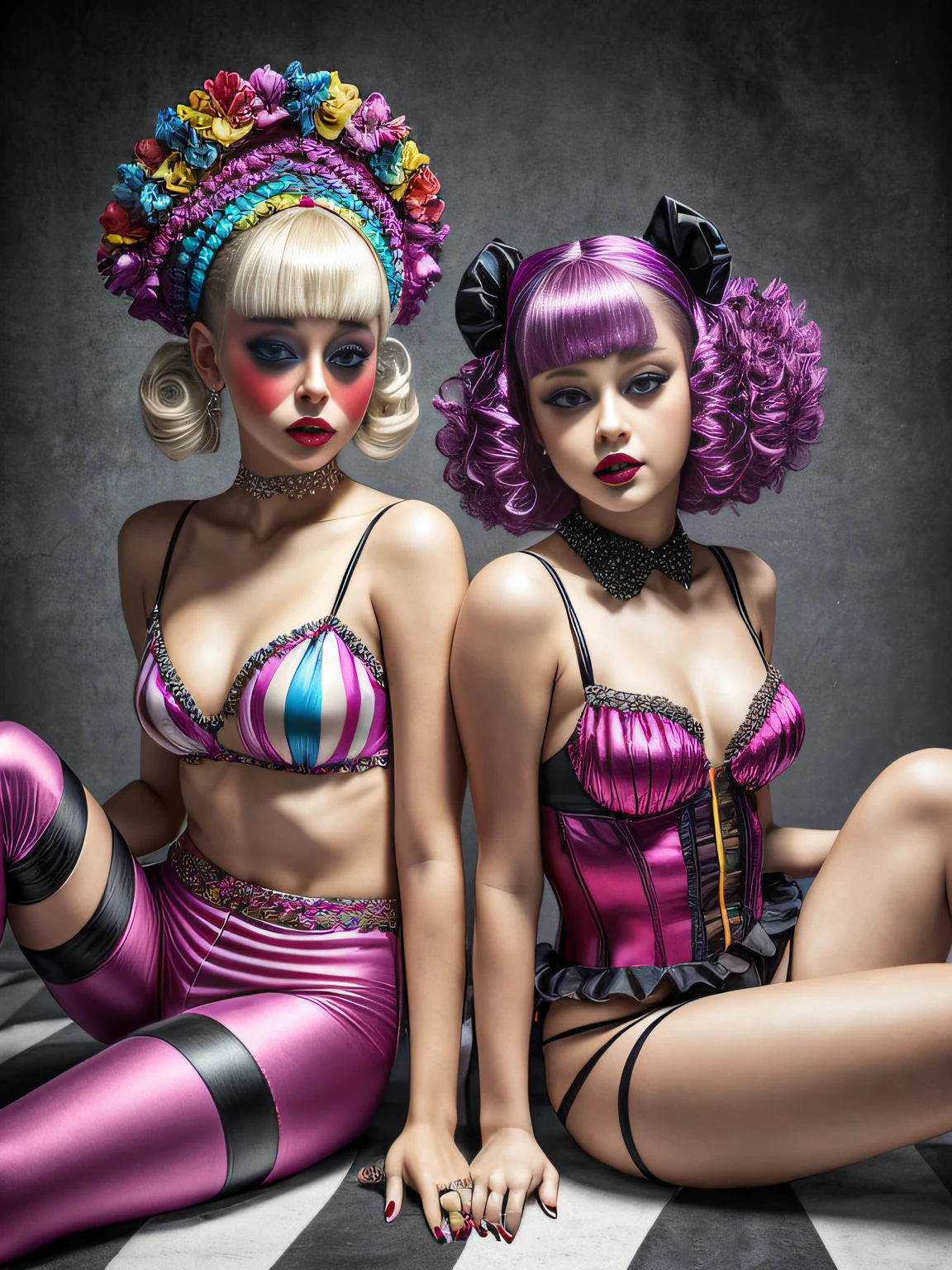 arafed women (((two girls))) ((jenna ortega)), ((selena gomez)) in a black and white outfit sitting on a floor, a portrait inspired by Ray Caesar, tumblr, pop surrealism, goth clown girl, intricate clown makeup, intricate clown costume, clown girl, creepy clown girl, natalie shau, jester themed, jester, adrian borda, cutecore clowncore, portrait of circus artist, avant garde fashion model (SFW)