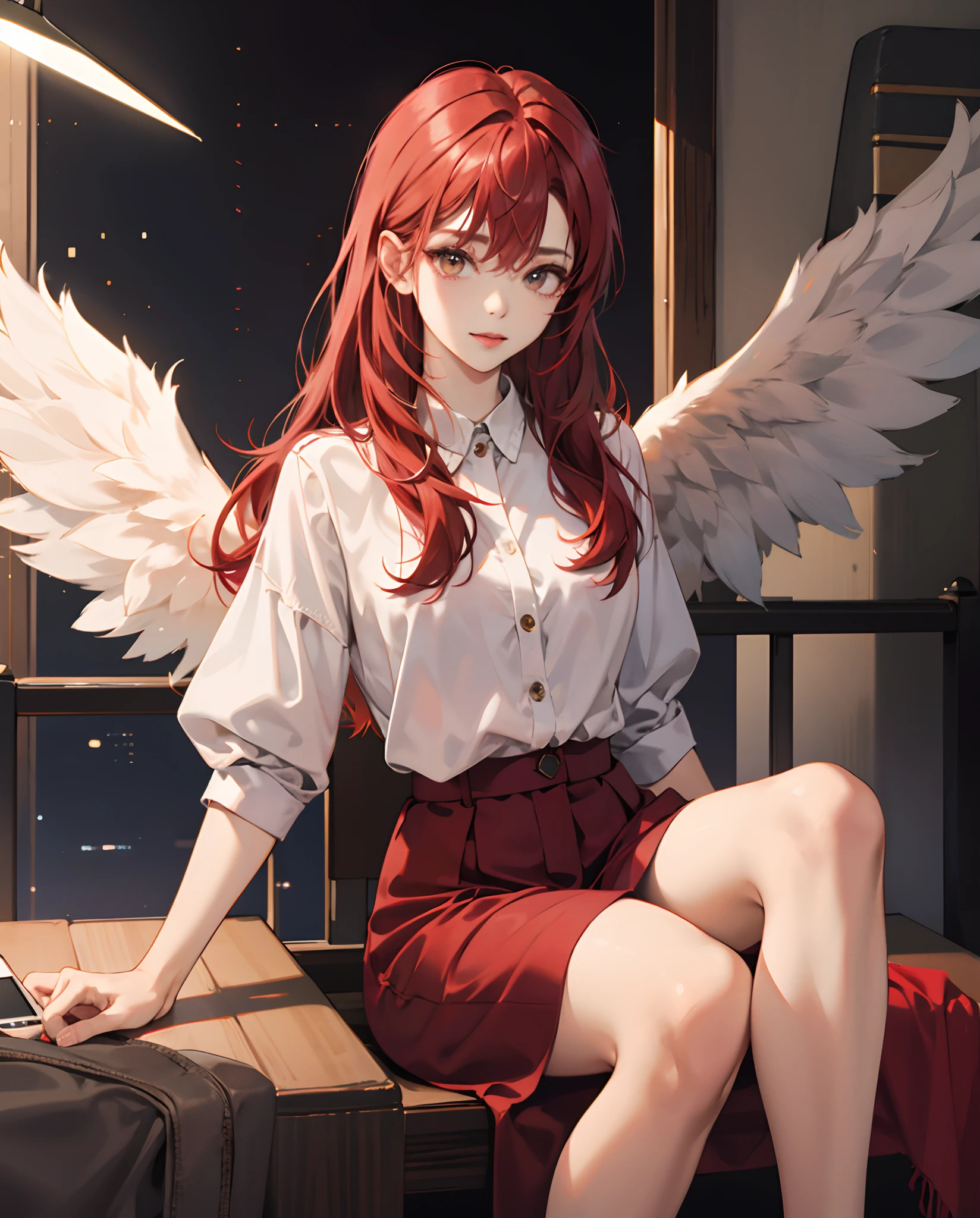 Beautiful red-haired woman with long, straight hair falling under her shoulder, wearing high school clothes, blouse with red tie and red mini skirt, black socks that go up to the knees and All Star sneakers, with angel wings with purple acor, red makeup around the eyes making a drawing on the face, purple eyes, red lipstick, a mole on the left side of the mouth, perfect face, expression of shame, cute expression, perfect body, round chest, big ass, thick thighs, whole body, detailed scenery, detailed photo, masterpiece, 8k, raw photo, perfect lighting