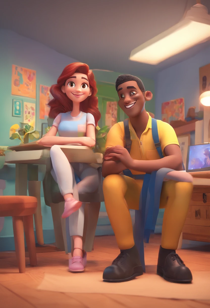 An illustration of a pair of municipal guards, Destacando um homem branco e uma mulher negra cabelo liso, with beautiful expressive eyes – the man's skin is white and the man's hair is straight and black, while the woman's skin is black and the woman's hair is straight and brown. They are a bright room, cada um com um sorriso no rosto, e compartilhar um momento especial caracterizado pelo amor, Insights. Illustrate this scene from a perspective where they are facing the camera, Smiling and Showing Your Connection. Desenvolva esta arte em Full HD, Focus on your cinematic touch, Estilo Disney Pixar Animations