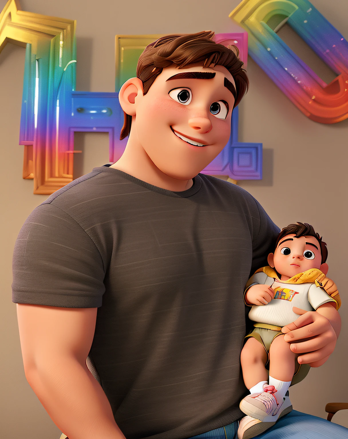 A young man holding a on his lap in disney pixar style, alta qualidade, melhor qualidade.