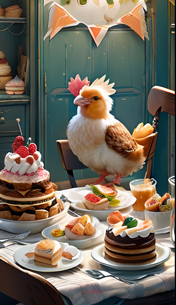 Cute little chicken on a chair, Eat cake on the table,