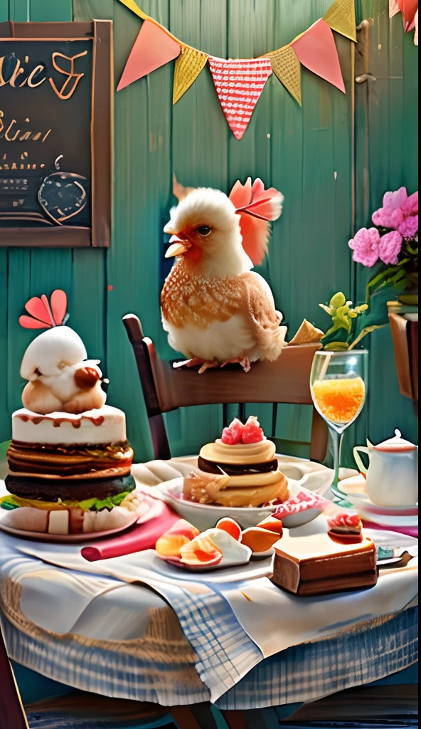 Cute little chicken on a chair, Eat cake on the table,