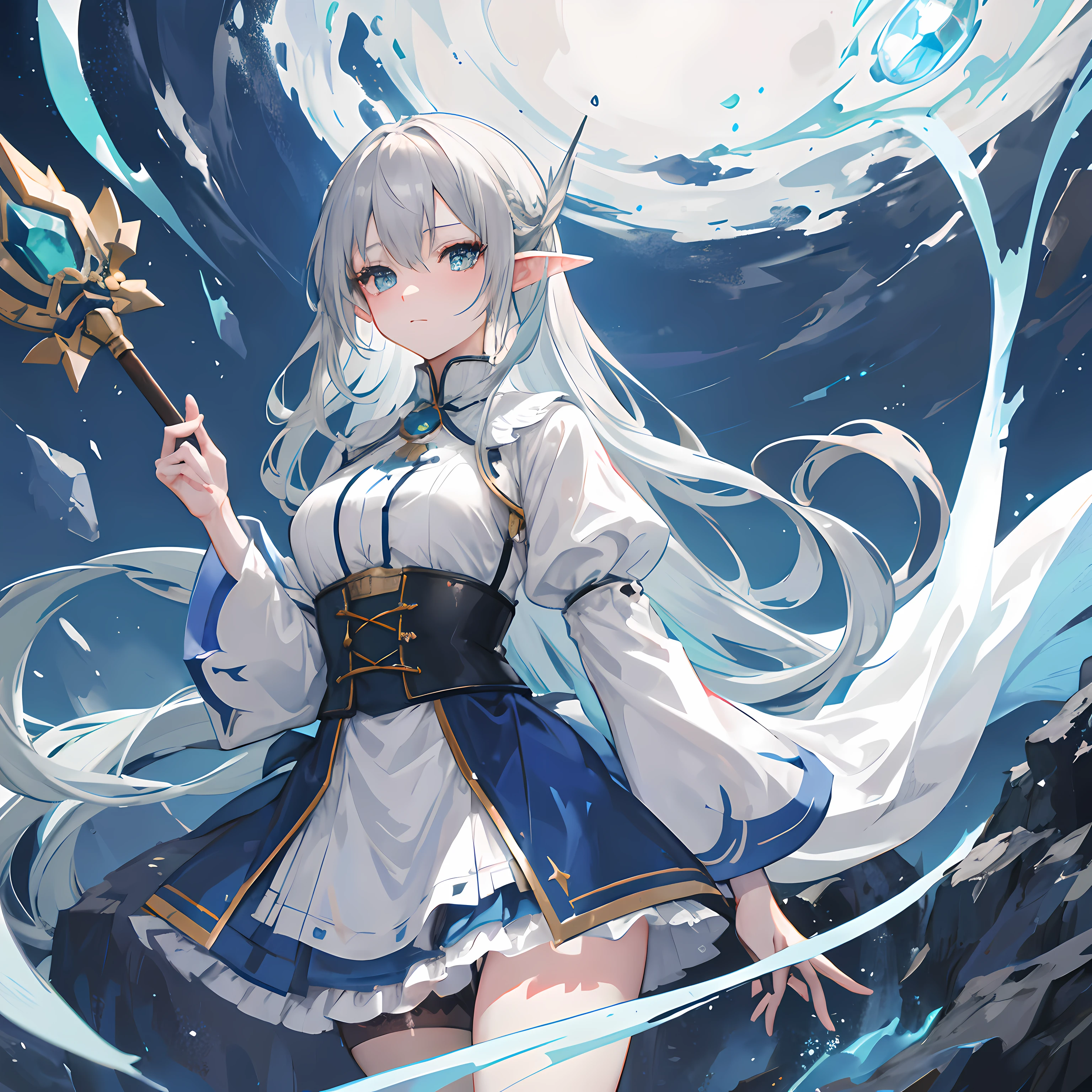 1 elfgirl, long grey hair, blue green eyes, wearing a wizard outfit, skirt , isekai, absurdres, holding a mage stick, high res, ultrasharp, 8K, masterpiece, looking at viewer
