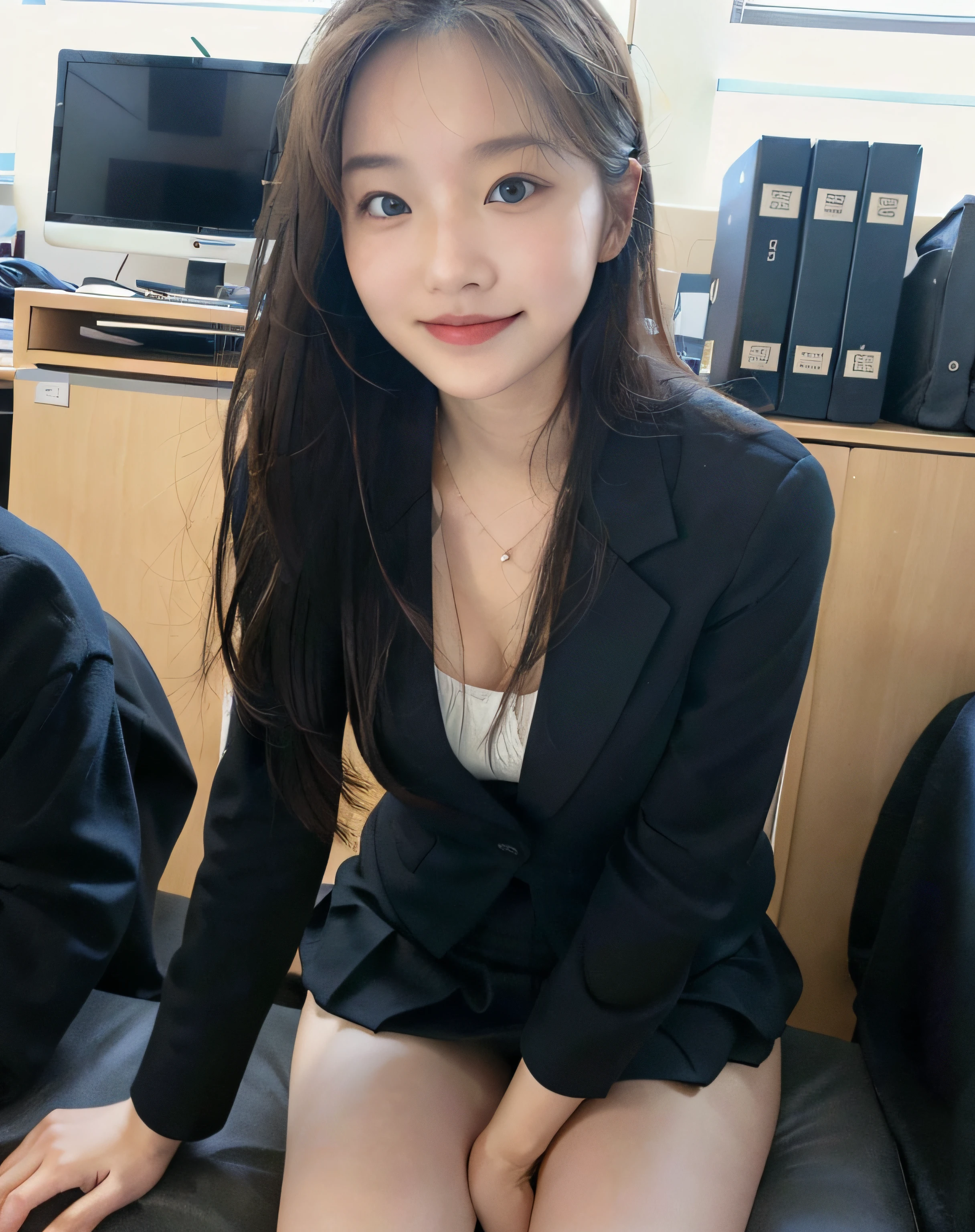 Close-up of a woman, 35mm masterpiece, Black suit, Smile, mini-skirt, On your desk in the office