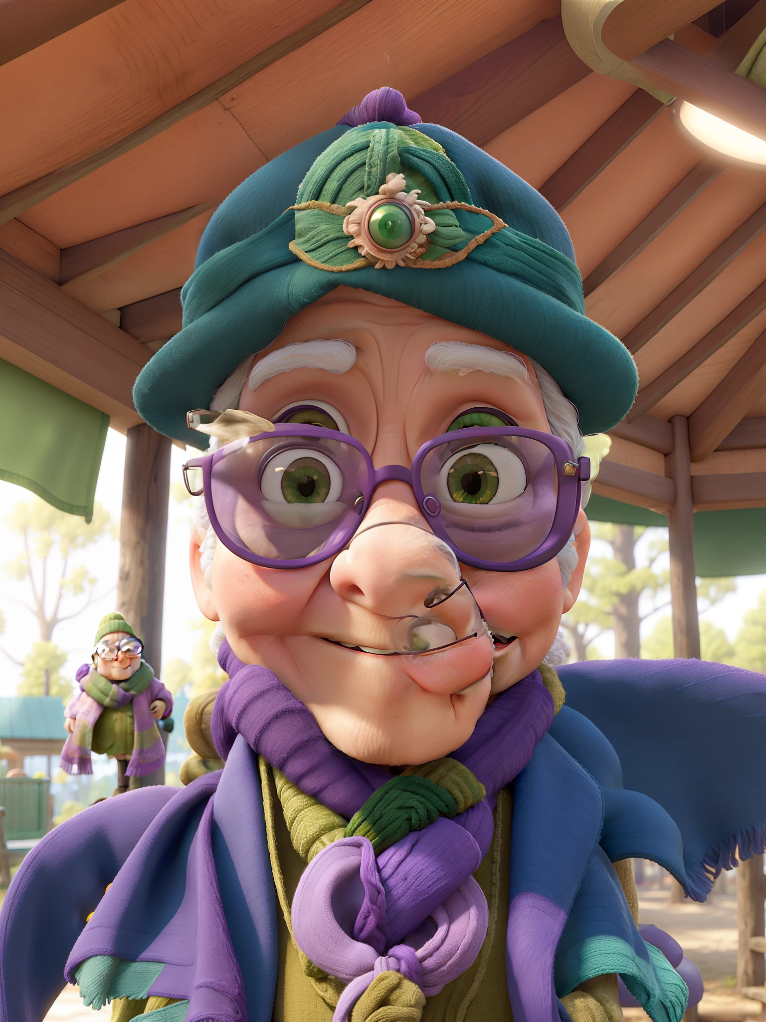 masterpiece, best quality, an old woman with glasses and a scarf on, wearing a purple coat and green scarf, standing at the park