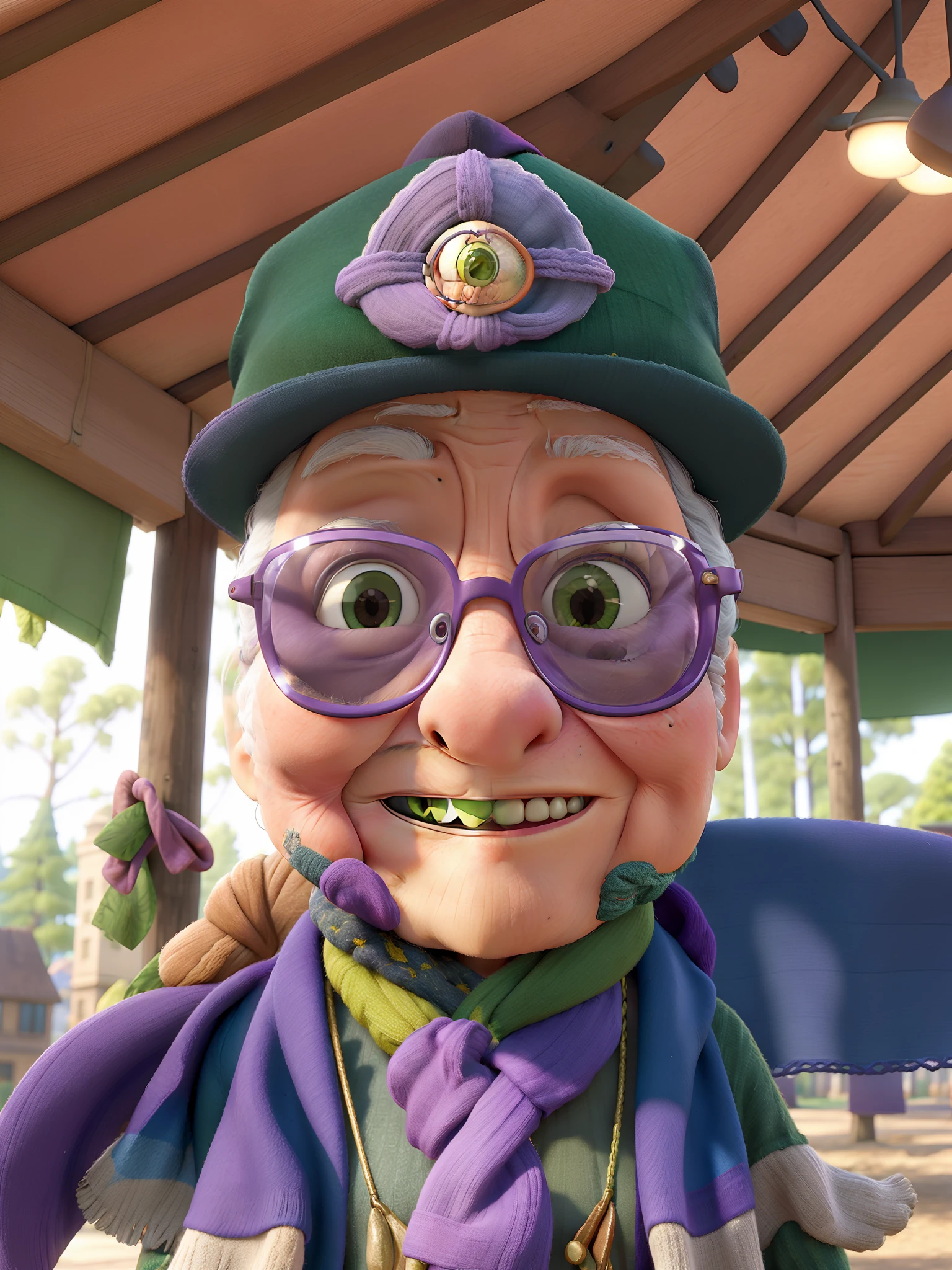 masterpiece, best quality, an old woman with glasses and a scarf on, wearing a purple coat and green scarf, standing at the park