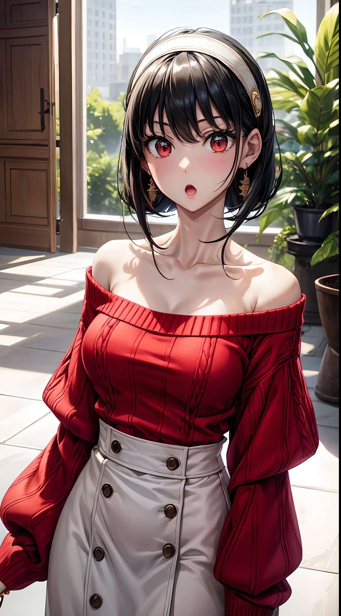 masterpiece, yor, 1girl, solo, looking at viewer, open mouth, black hair, red eyes, dress, bare shoulders, jewelry, collarbone, sidelocks, hairband, earrings, indoors, off shoulder, :o, sweater, arms behind back, plant, short hair with long locks, white hairband, off-shoulder dress, sweater dress, off-shoulder sweater, red sweater, big side hair, very long side hair,