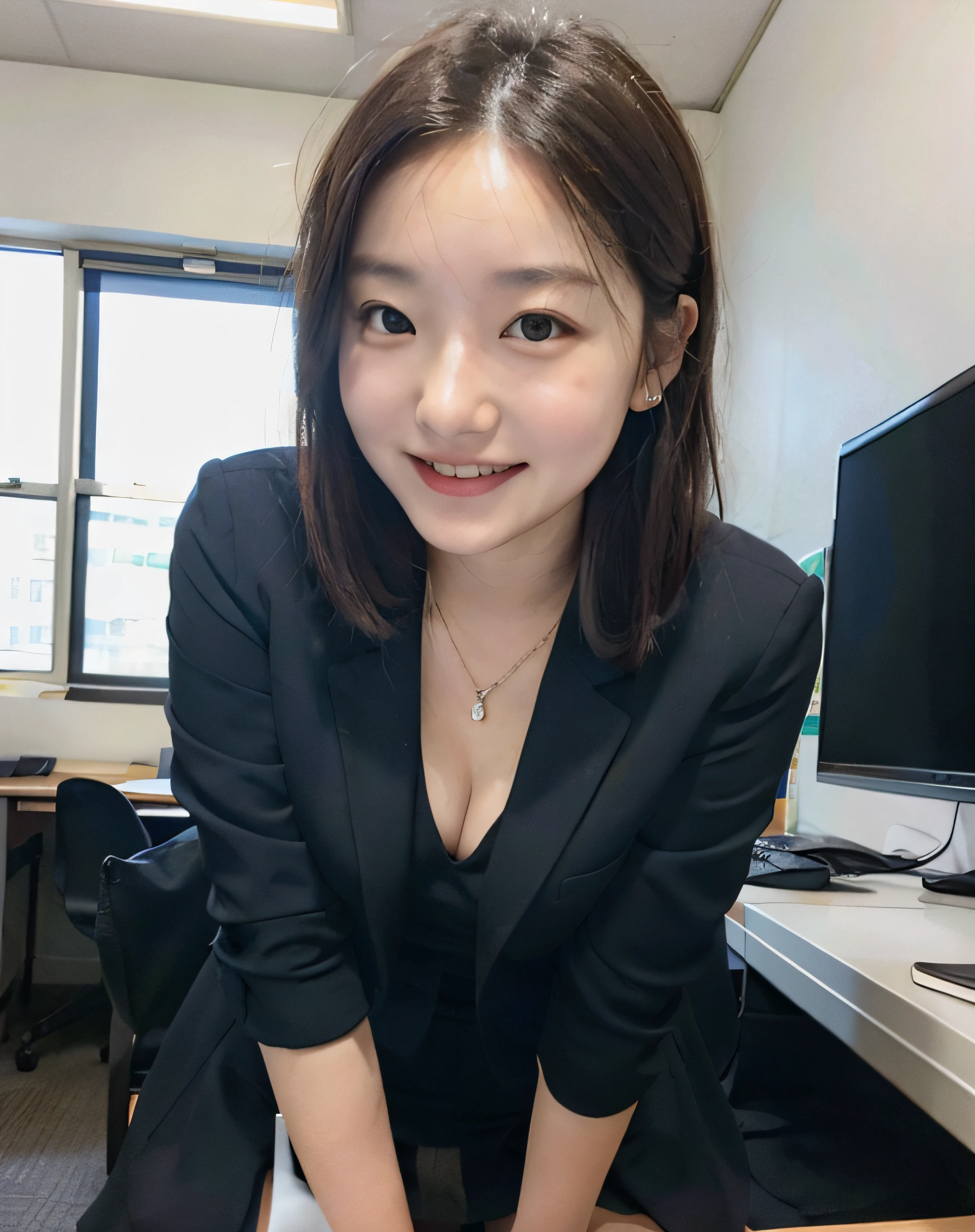 a close up of a woman, 35mm masterpiece, Black suit, Smile, mini-skirt, On the desk in the office