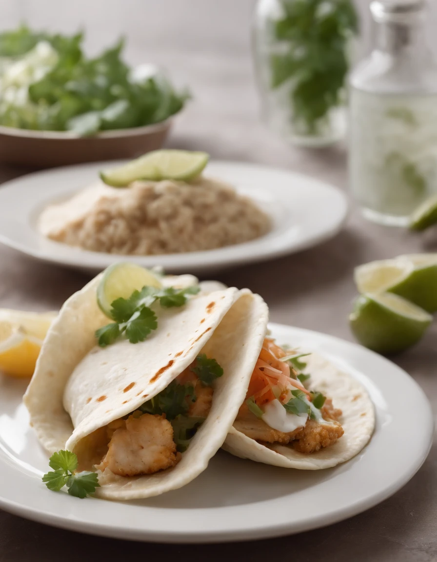 A crisp dish with gluten-free tortillas and tacos with breaded fish fillets and coleslaw with yoghurt dressing garnished with fleur de sel, em uma mesa bonita e decorada, fundo natural, Summer day, clima quente, alto detalhe, alto brilho, detalhes excessivos, surrealismo, luz suave, studio illumination, luz suave difusa, profundidade de campo rasa, foco nítido, efeito bokeke, rastreamento de luz, espalhamento subsuperficial, luz suave complexa, luz suave difusa, Highly detailed glass reflection, ultrafino (ultrafino), ultrafino) (fino, ultradetalhado), cinemactic, surrealismo, hardware, melhor qualidade, ultra-high-resolution (fotorrealista: 1.4), alta resolução, detalhe, fotografia bruta, clear reproduction, 4 cameras kodak portra 400 stock, lente f1.6, textura realista, spectacular lighting, cinemas up to 800