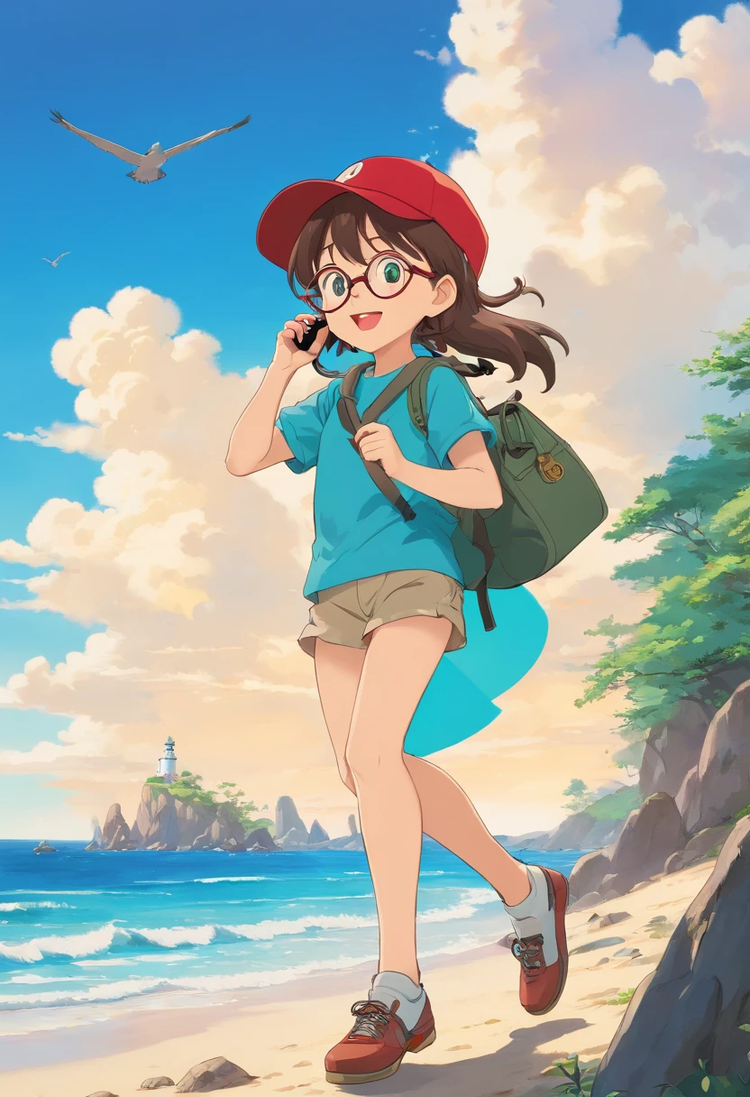 01 boy with brown hair and a red cap; sorridente; segurando um mapa do tesouro.
01  com cabelo espetado; vestindo uma camiseta verde; holding a treasure chest; it's jumping excitedly.
01 ma meninaabelo cacheado; wearing glasses; usando uma saia colorida; Is holding binoculars; apontando para um farol majestoso ao fundo.
No ambiente de segundo plano, there is a beach; com areia dourada; O mar brilhando; dia ensolarado; a clear blue sky.
