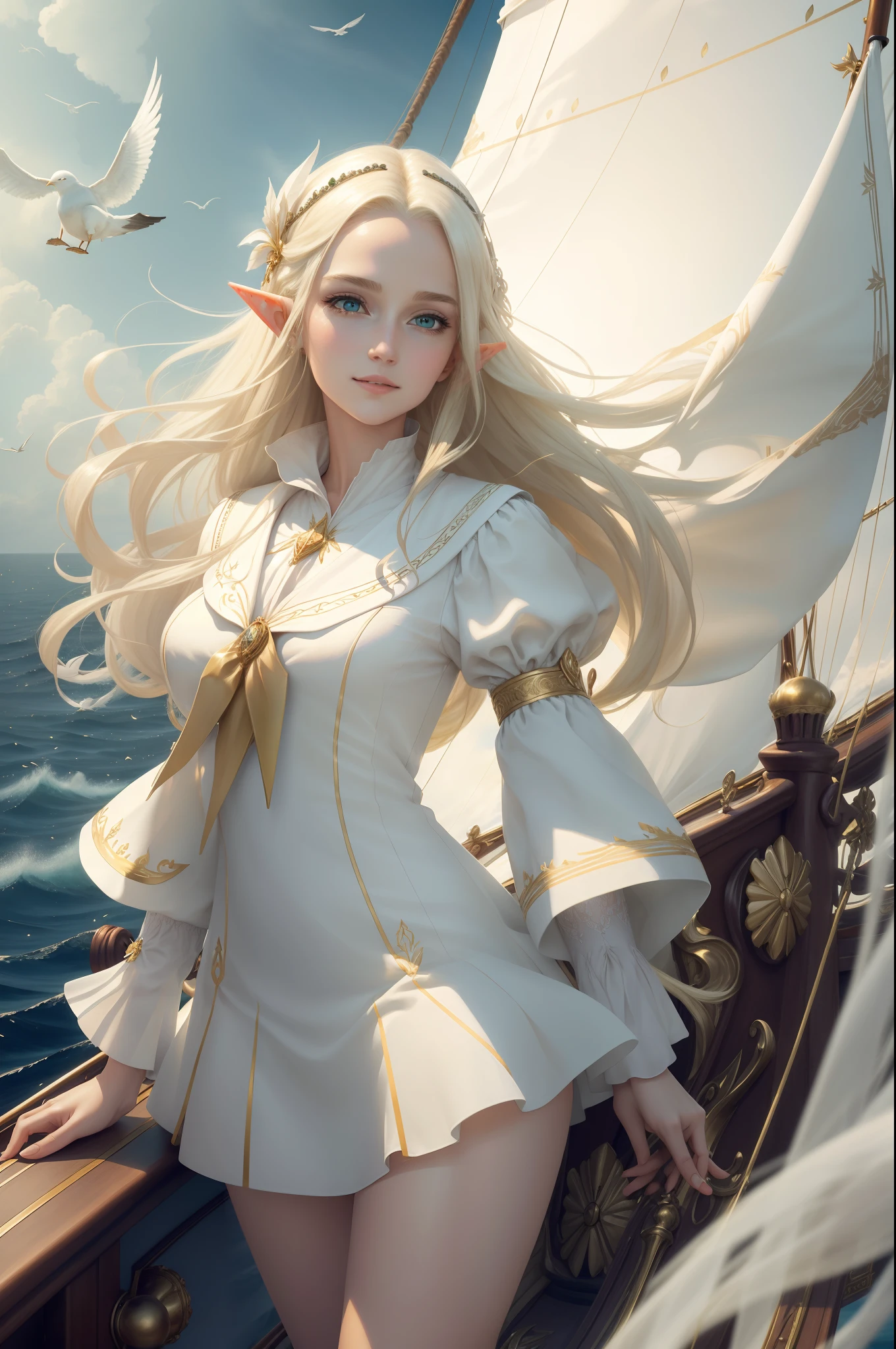 (((Masterpiece, highest quality, high definition, high detail)))), ((((Fantasy))), one, (Elf woman)))), (short skirt of white with gold embroidery), (blonde long straight hair), (glossy dark green eyes), (white ruffled blouse embroidered with gold), big, (((on the deck of a sailing ship at sea)), (vast sea))), (The firmament with clouds visible)), (( Seagulls flying in the sky)), smile, (breeze), particles of light flying