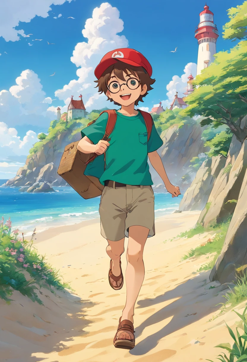 01 boy with brown hair and a red cap; smiling; holding a treasure map.
01 boy with spiky hair; wearing a green t-shirt; holding a treasure chest; is jumping excitedly.
01 girl with curly hair; wearing glasses; wearing a colorful skirt; is holding binoculars; pointing to a majestic lighthouse in the background.
In the background environment, there is a beach; with golden sand; The sea shining; sunny day; a clear blue sky.
