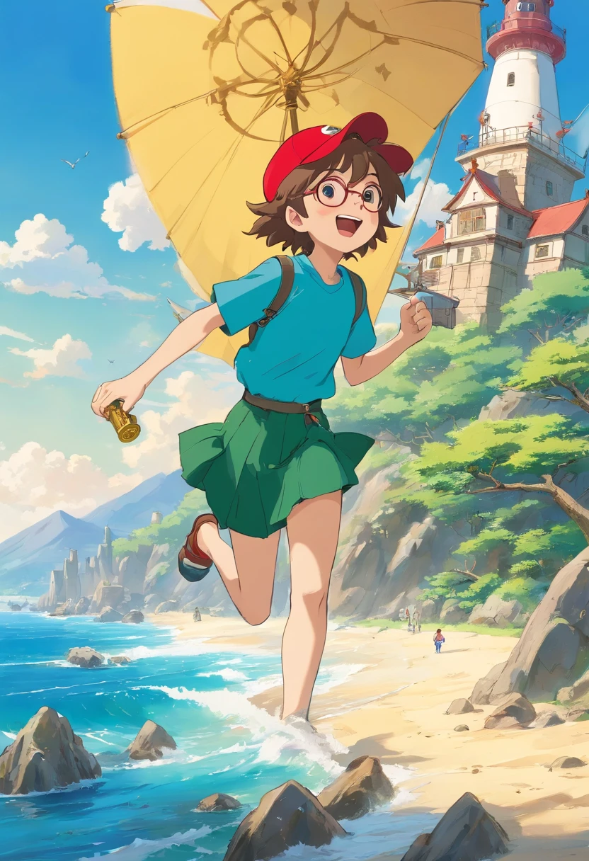 01 boy with brown hair and a red cap; smiling; holding a treasure map.
01 boy with spiky hair; wearing a green t-shirt; holding a treasure chest; is jumping excitedly.
01 girl with curly hair; wearing glasses; wearing a colorful skirt; is holding binoculars; pointing to a majestic lighthouse in the background.
In the background environment, there is a beach; with golden sand; The sea shining; sunny day; a clear blue sky.