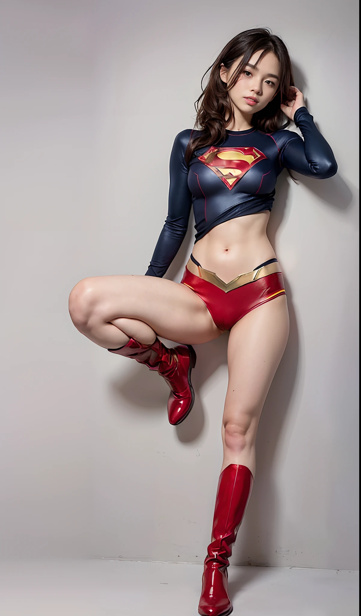 Beautiful girl fighting、japanes、Cute Beautiful Girl、(((Wear black tights on your beautiful legs.)))、(((beauty legs)))、(((Painful look)))、((((Make the most of the original image)))、(((Supergirl Costume)))、(((Beautiful hair with short cuts)))、(((Injured)))、(((Feet must necessarily be worn with black tights)))、(((You need to wear red boots)))、((Top image quality、8K))、((top-quality、8K、​masterpiece:1.3))、(((Keep your background simple)))、Crisp focus:1.2、Beautiful woman with perfect body shape:1.4、Slender Abs:1.2、a wet body:1.5、Highly detailed facial and skin texture、8K、Keep your background simple
