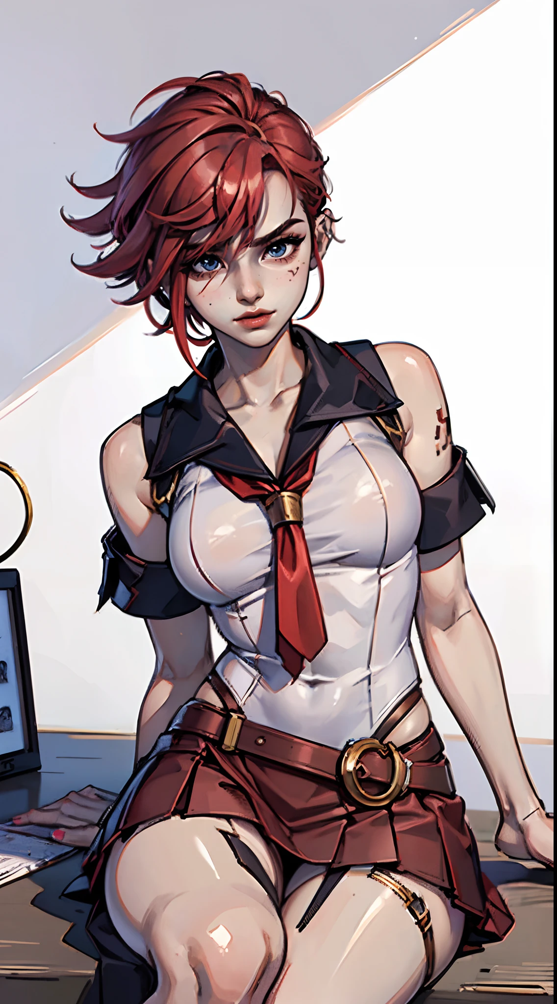 (masterpiece, best quality, shiny skin), vi from arcane, vi, red hair, short hair (sailor uniform, miniskirt), (sitting, close up, sharp eyes, perfect face and body), (smooth skin),(perfect anatomy, correct proportions)
