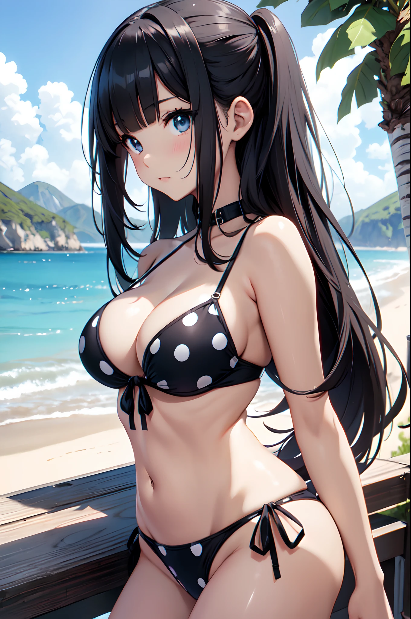 Illustration of a cute bikini model girl, (Anime style:1.2), masutepiece, Best Quality, ultra-detailliert, 4K, absurderes, hight resolution,BREAK,
1girl in, bikini model, Solo, (, Loli face:1.6), Huge eyes with dense details, shiny eyes, Black long straight hair, Blunt bangs, Large breasts, Curve, BREAK,
(Glossy polka dot micro bikini top, cleavage),  BREAK,
Autumn Mountains々, Petricular muscle, Lots of weeds, The tree々Sunlight passing between, , (Background blur), BREAK,
Full body, (Pause of bikini models:1.2), from the front side. BREAK,
Black hair, BREAK,slenderbody