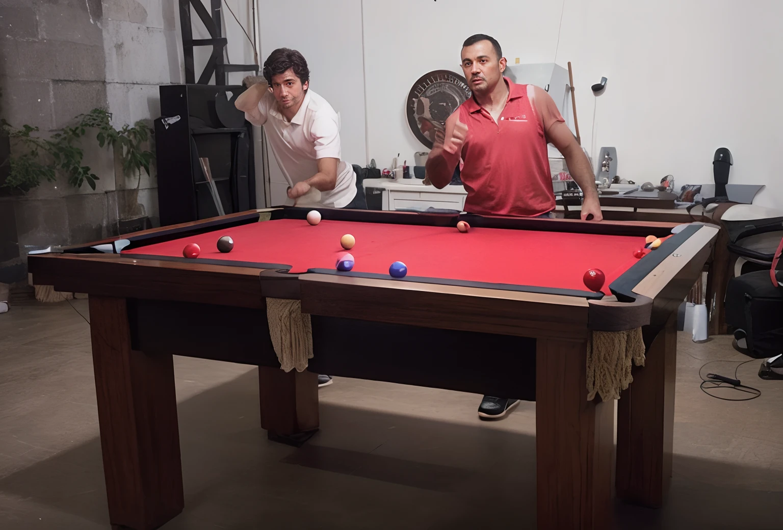 A group of muscular and completely naked men play billiards with their huge dicks and the entire billiard table is covered in sperm, a lot of debauchery and BDSM