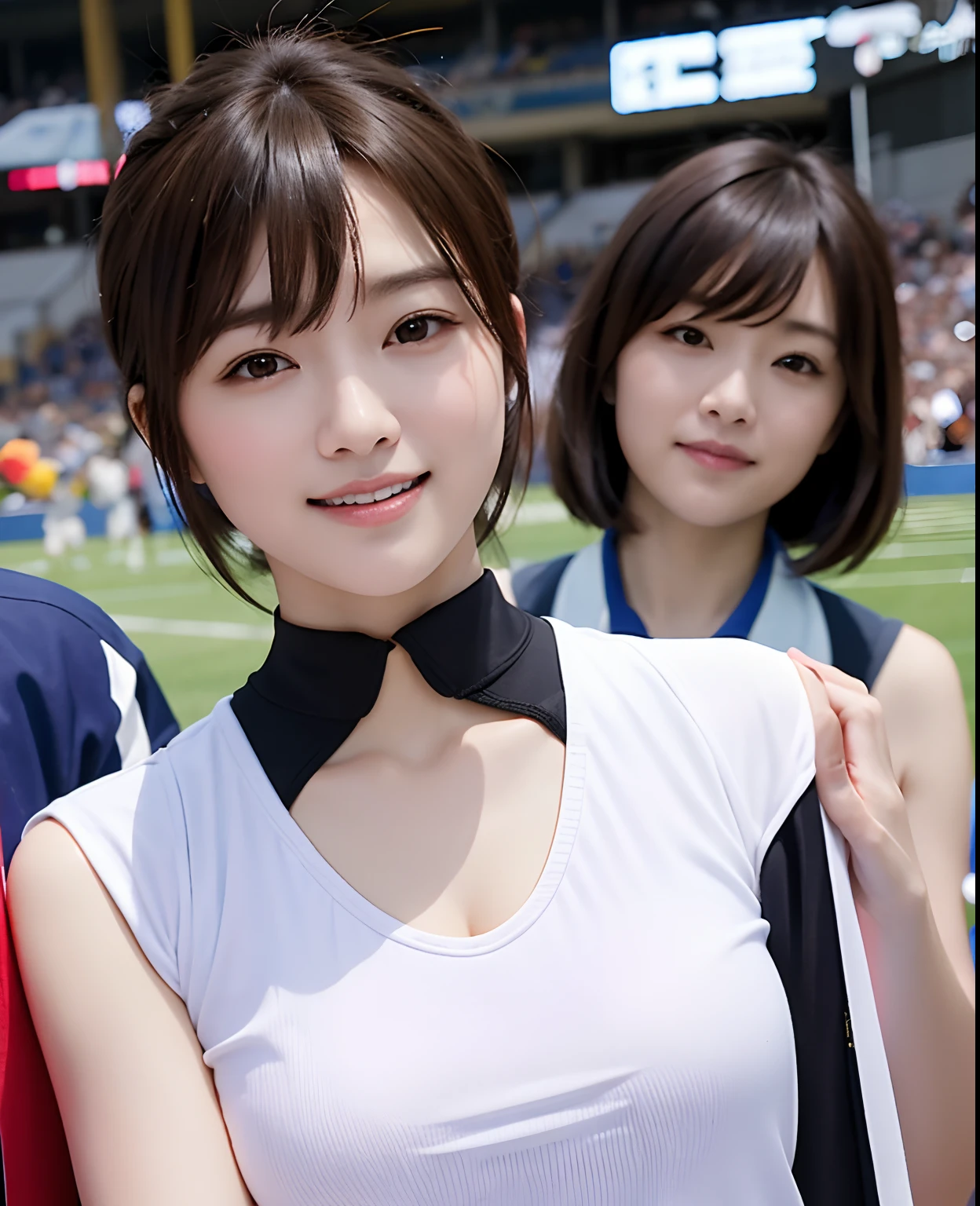 highest quality, masterpiece, Ultra-high resolution, Original photo, Ultra-high resolution,3 Girls, ((Multiple Girls)), slender body, Full nude Body,high waist,Flashy makeup using red eyeshadow,Big smile,Short cut with subtle side waves,whole body visible,stadium field background,topless nude, erect nipples, cheerleading, dancing, miniskirt